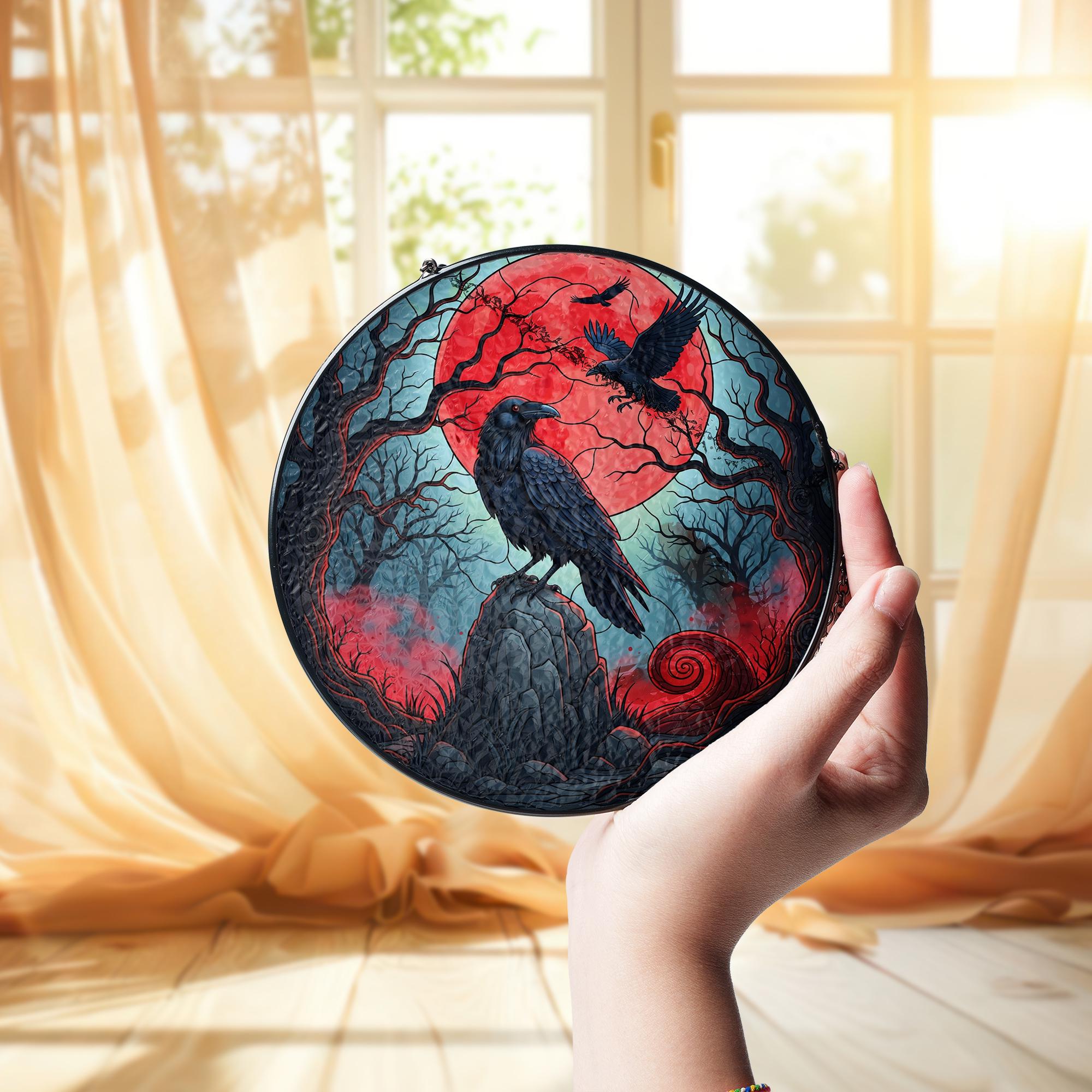 Red Moon Raven Sun Catcher – Gothic Crow Window Hanging – Stained Glass Halloween Decor – Spooky Witchy Gift for Her