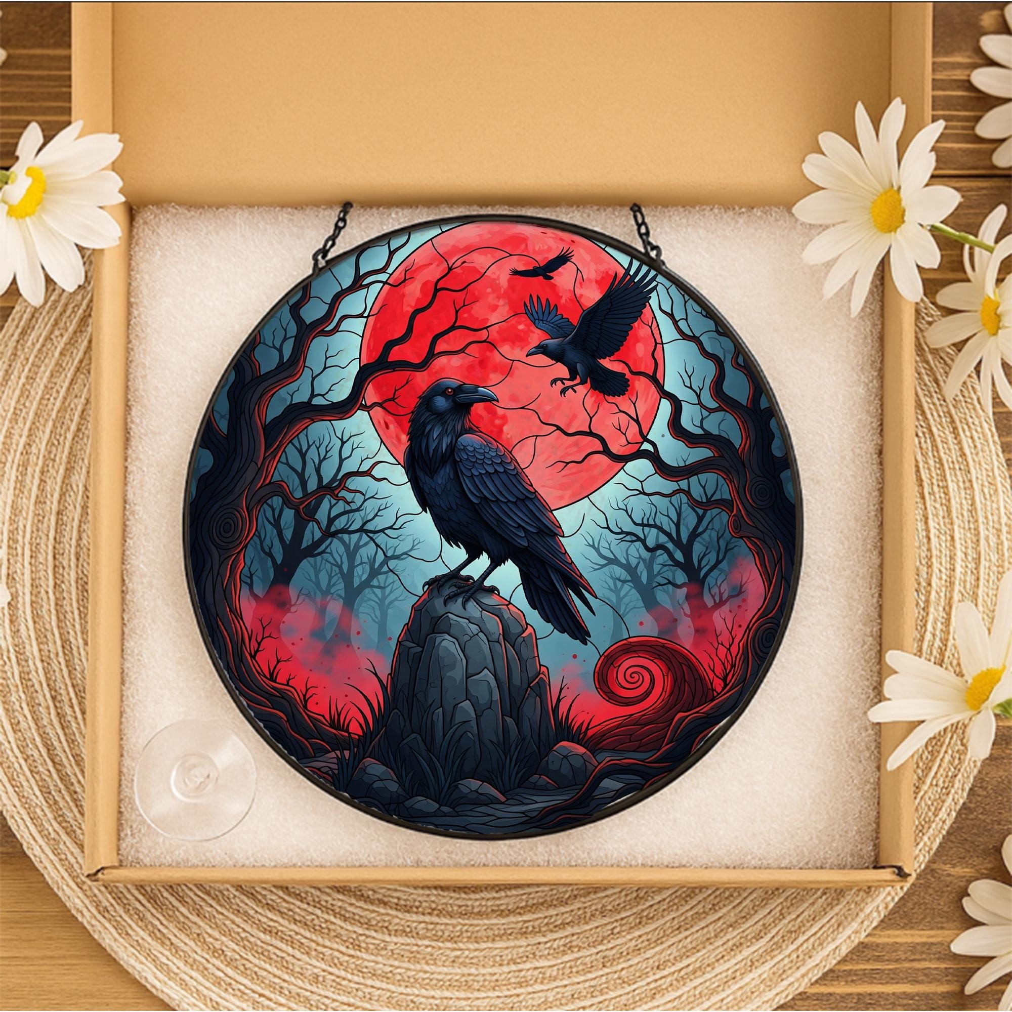 Red Moon Raven Sun Catcher – Gothic Crow Window Hanging – Stained Glass Halloween Decor – Spooky Witchy Gift for Her