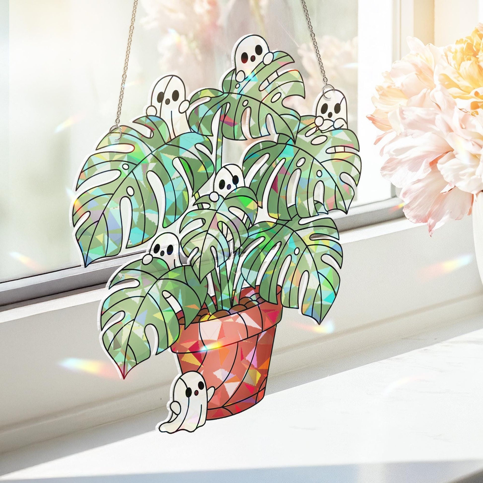 Ghost Monstera Suncatcher, Stained Glass Plant Decor, Cute Halloween Window Hanging, Spooky Plant Lover Gift, Ghost Leaf Art, Home Decor