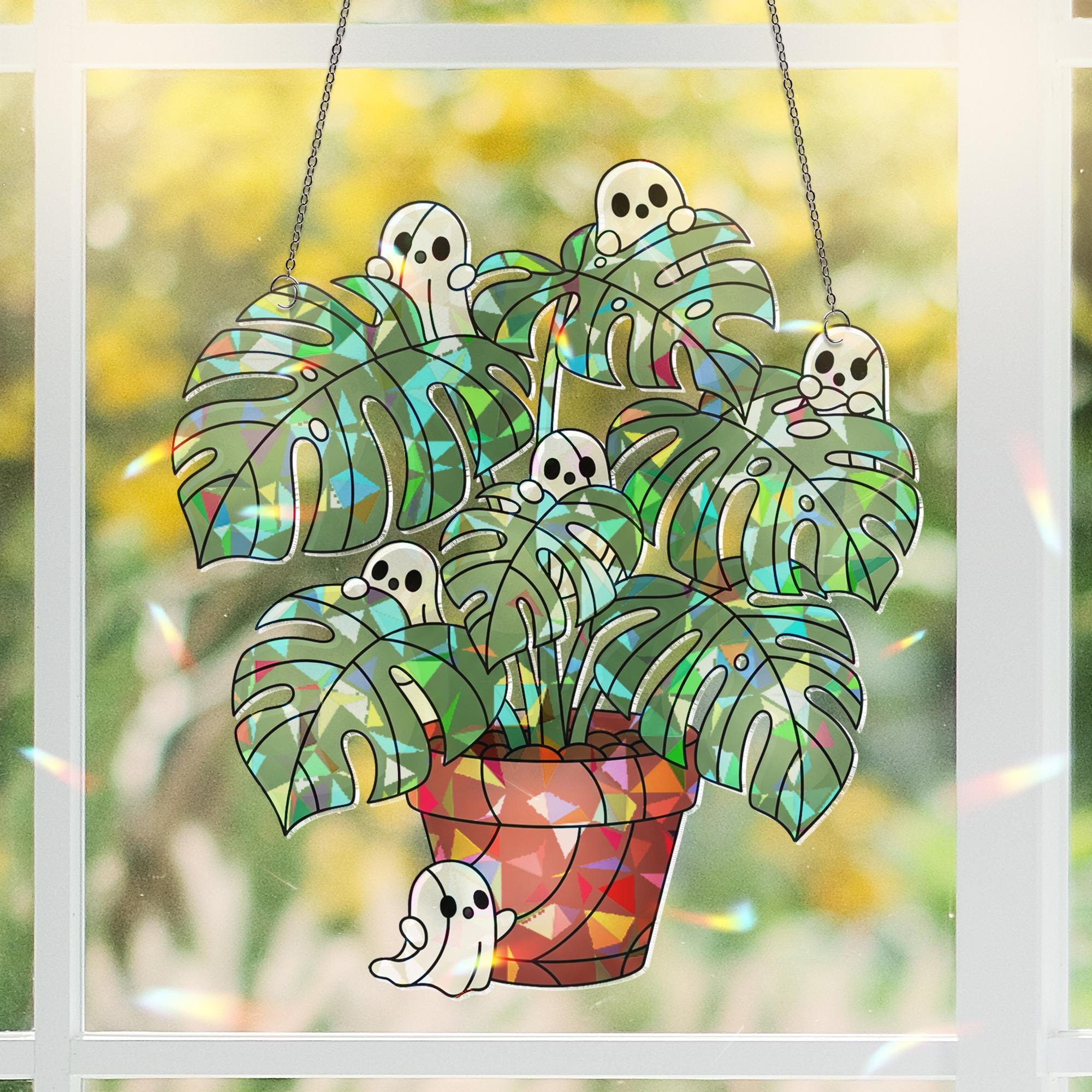 Ghost Monstera Suncatcher, Stained Glass Plant Decor, Cute Halloween Window Hanging, Spooky Plant Lover Gift, Ghost Leaf Art, Home Decor