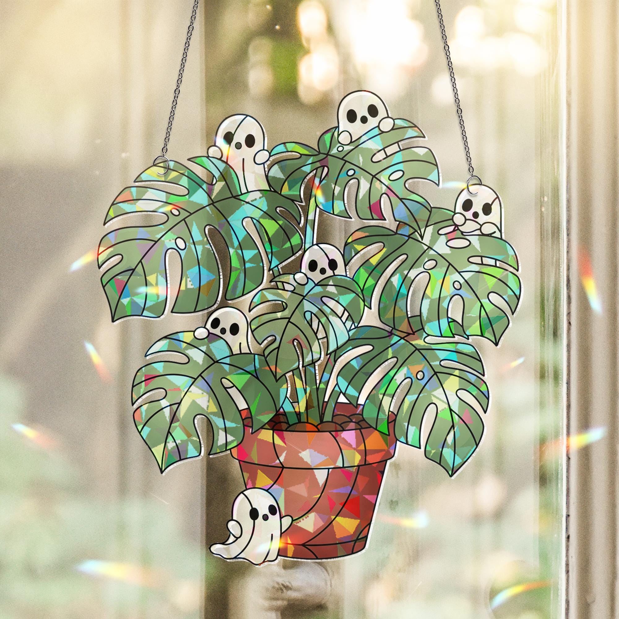 Ghost Monstera Suncatcher, Stained Glass Plant Decor, Cute Halloween Window Hanging, Spooky Plant Lover Gift, Ghost Leaf Art, Home Decor