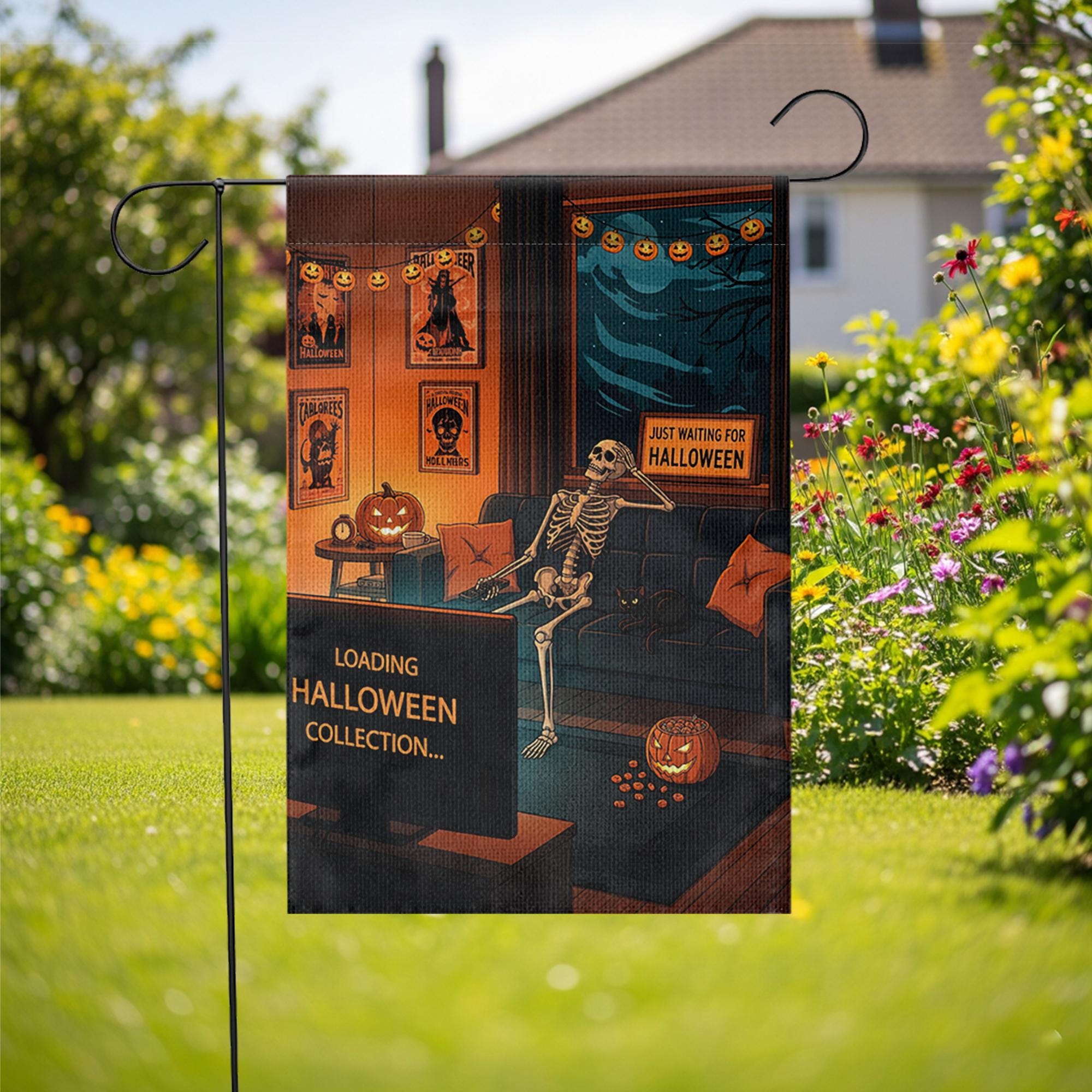 Funny Halloween Garden Flag – Skeleton Watching TV – Just Waiting for Halloween – Spooky Yard Decor for Horror Lovers