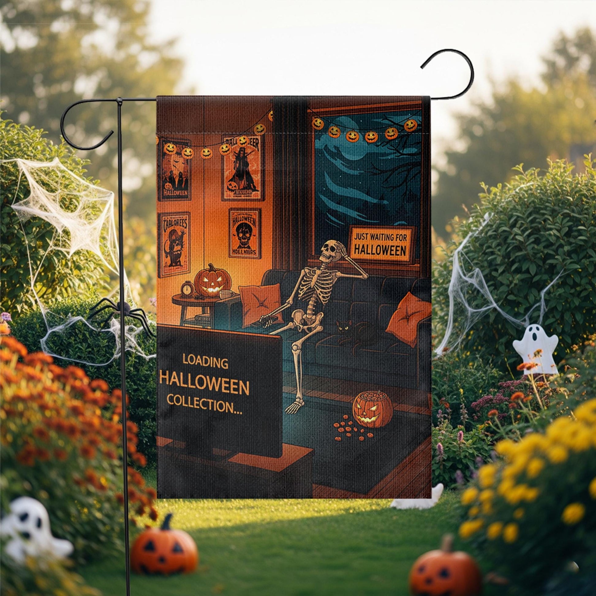 Funny Halloween Garden Flag – Skeleton Watching TV – Just Waiting for Halloween – Spooky Yard Decor for Horror Lovers