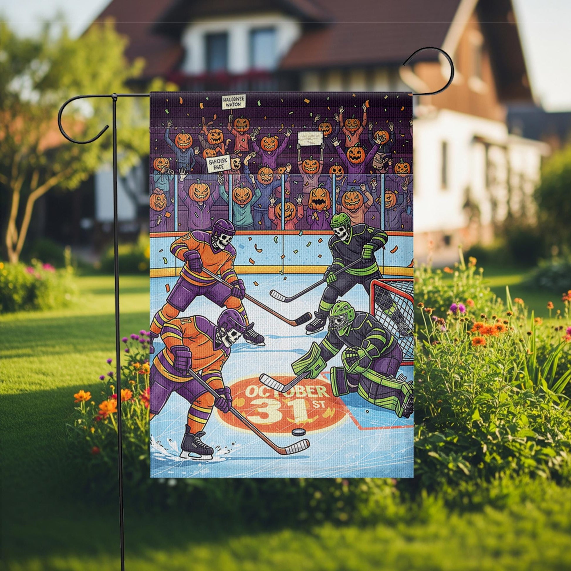 Halloween Hockey Garden Flag – Funny Skeleton Ice Rink Decor – October 31st Yard Sign – Spooky Sports Outdoor Banner