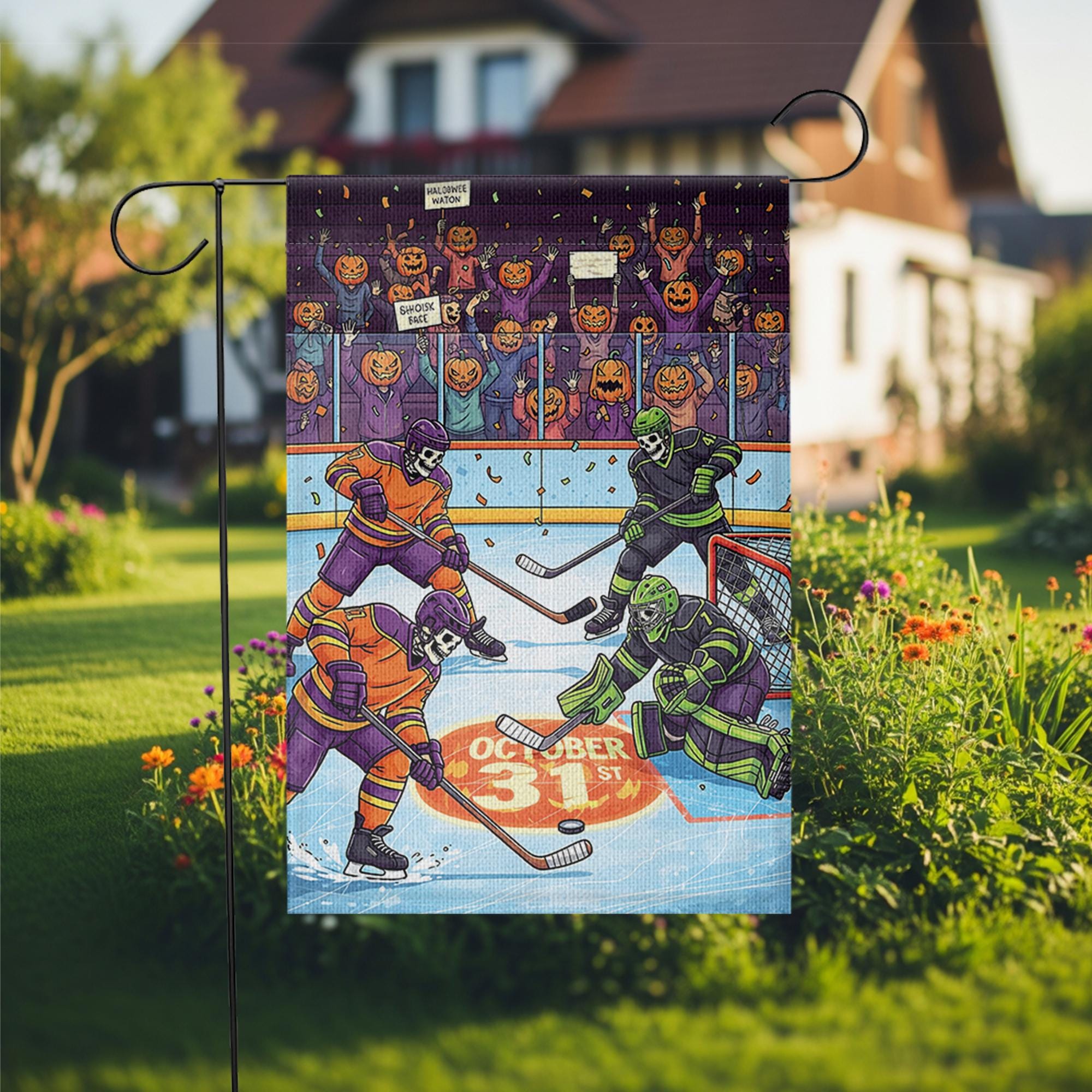 Halloween Hockey Garden Flag – Funny Skeleton Ice Rink Decor – October 31st Yard Sign – Spooky Sports Outdoor Banner