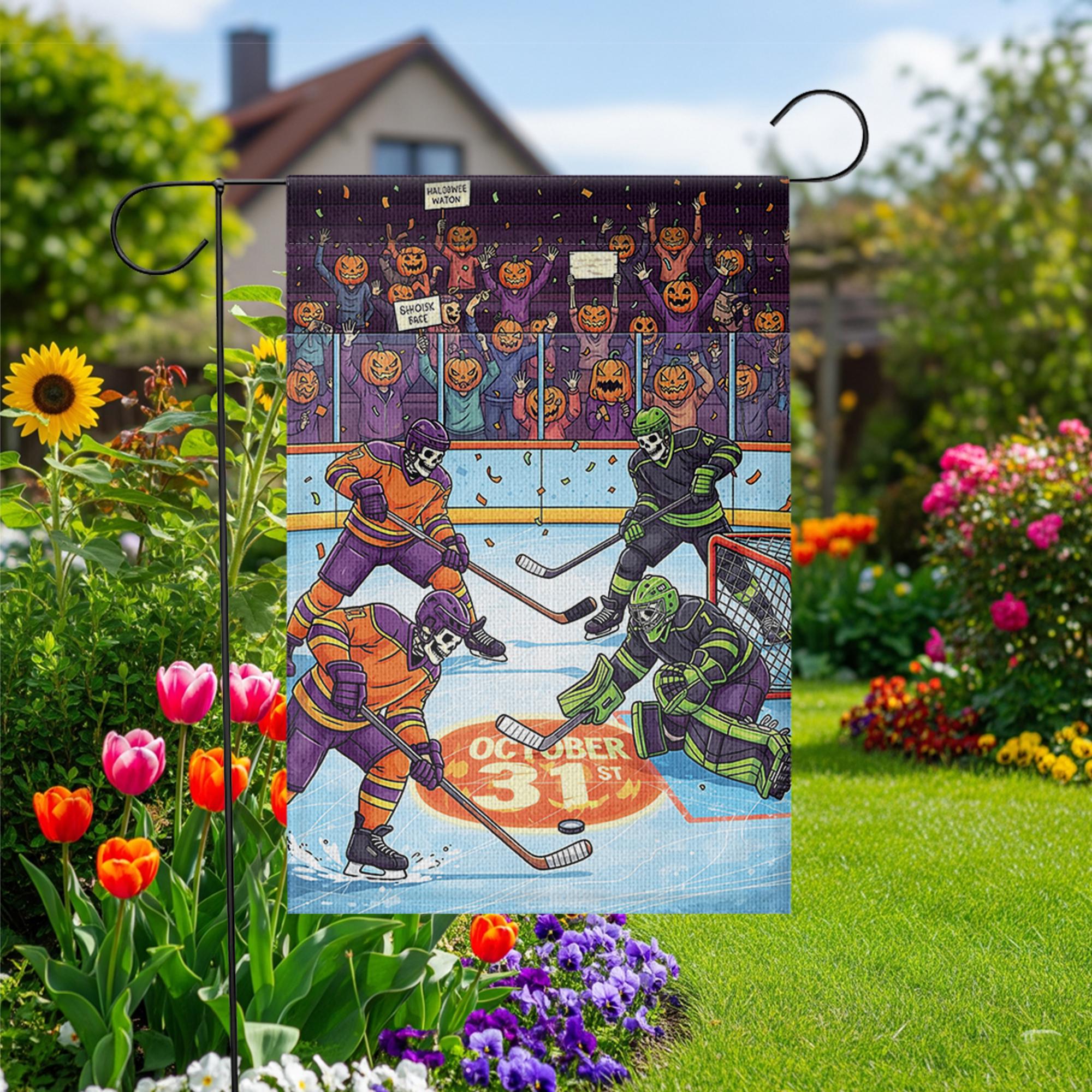 Halloween Hockey Garden Flag – Funny Skeleton Ice Rink Decor – October 31st Yard Sign – Spooky Sports Outdoor Banner