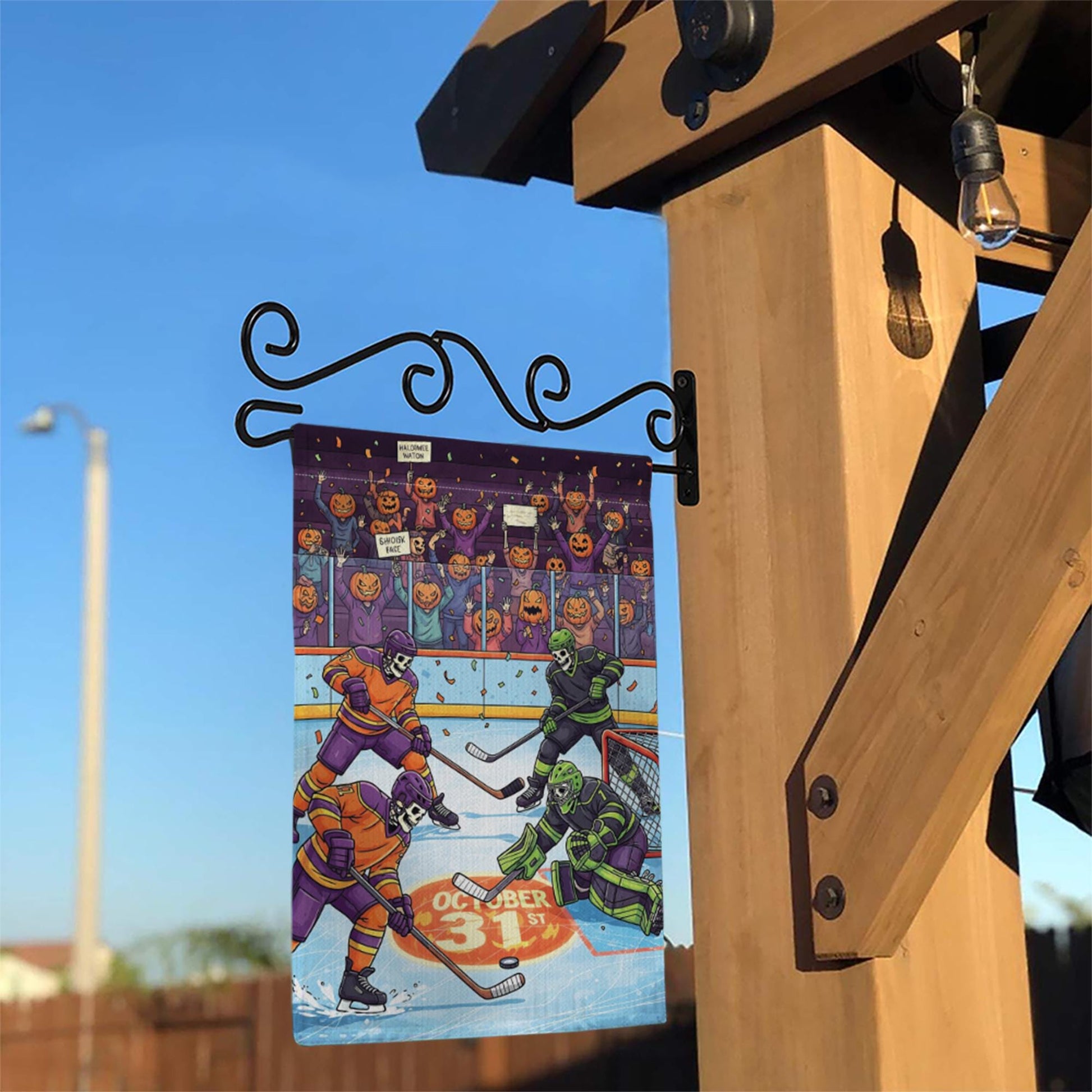 Halloween Hockey Garden Flag – Funny Skeleton Ice Rink Decor – October 31st Yard Sign – Spooky Sports Outdoor Banner