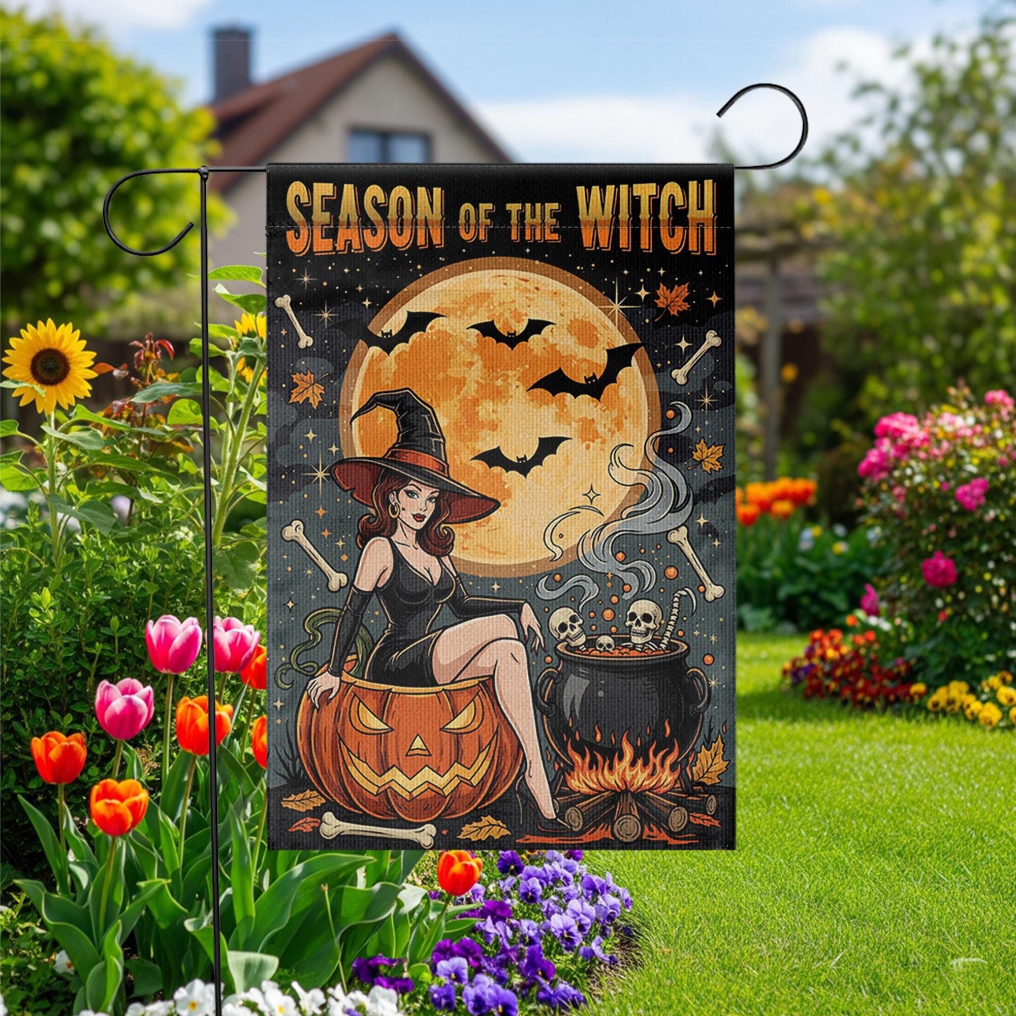 Season of the Witch Garden Flag – Sexy Halloween Witch with Pumpkin and Cauldron – Spooky Outdoor Yard Decor