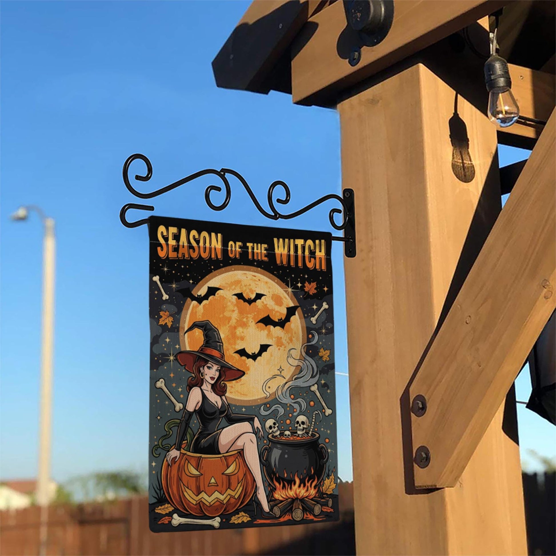 Season of the Witch Garden Flag – Sexy Halloween Witch with Pumpkin and Cauldron – Spooky Outdoor Yard Decor