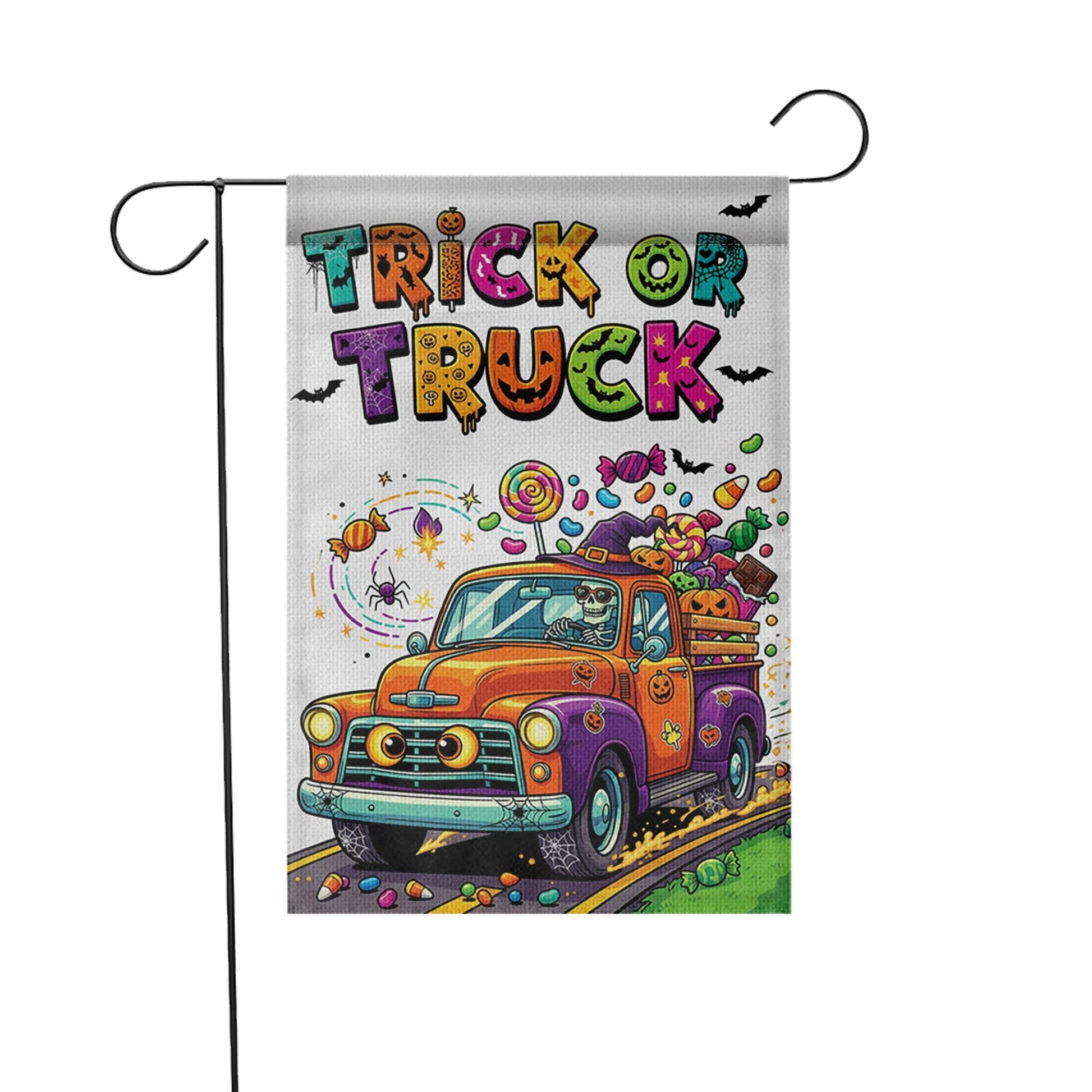 Trick or Truck Garden Flag – Colorful Halloween Truck with Candy – Cute Skeleton Driving – Fun Fall Yard Decor