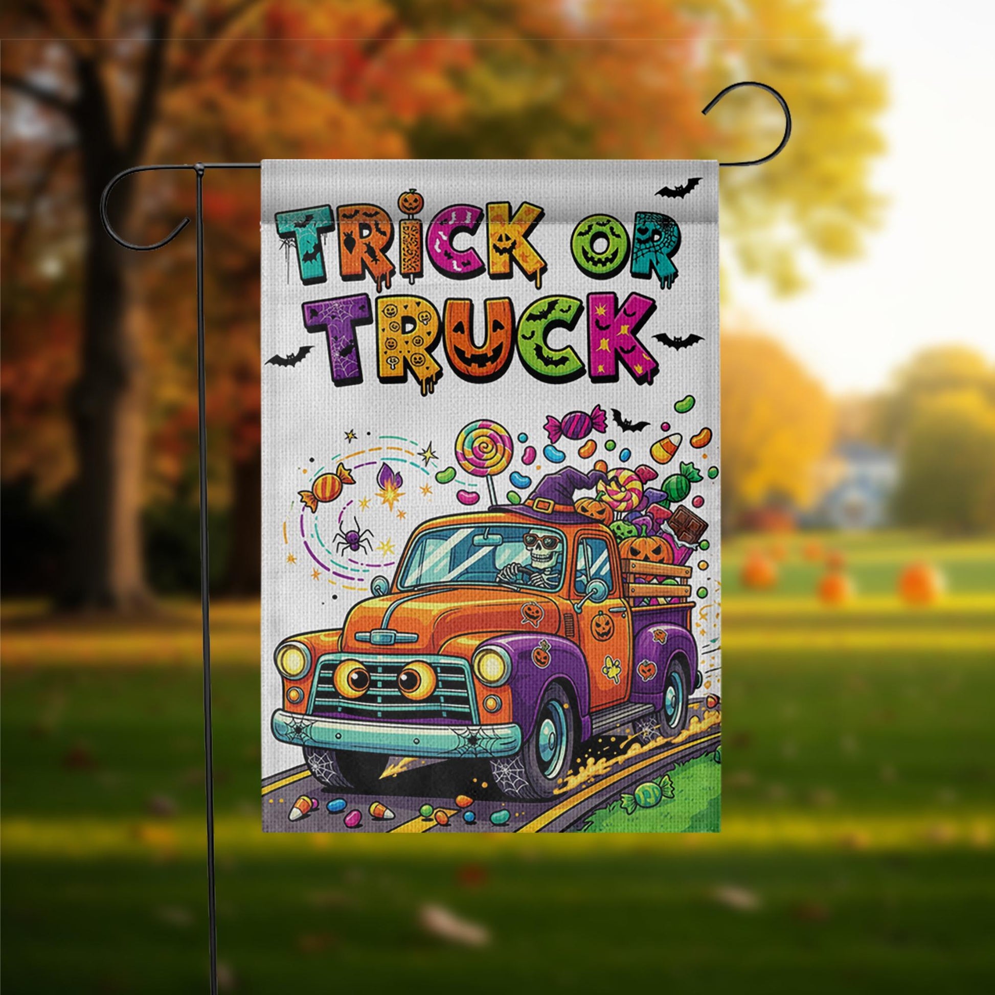 Trick or Truck Garden Flag – Colorful Halloween Truck with Candy – Cute Skeleton Driving – Fun Fall Yard Decor