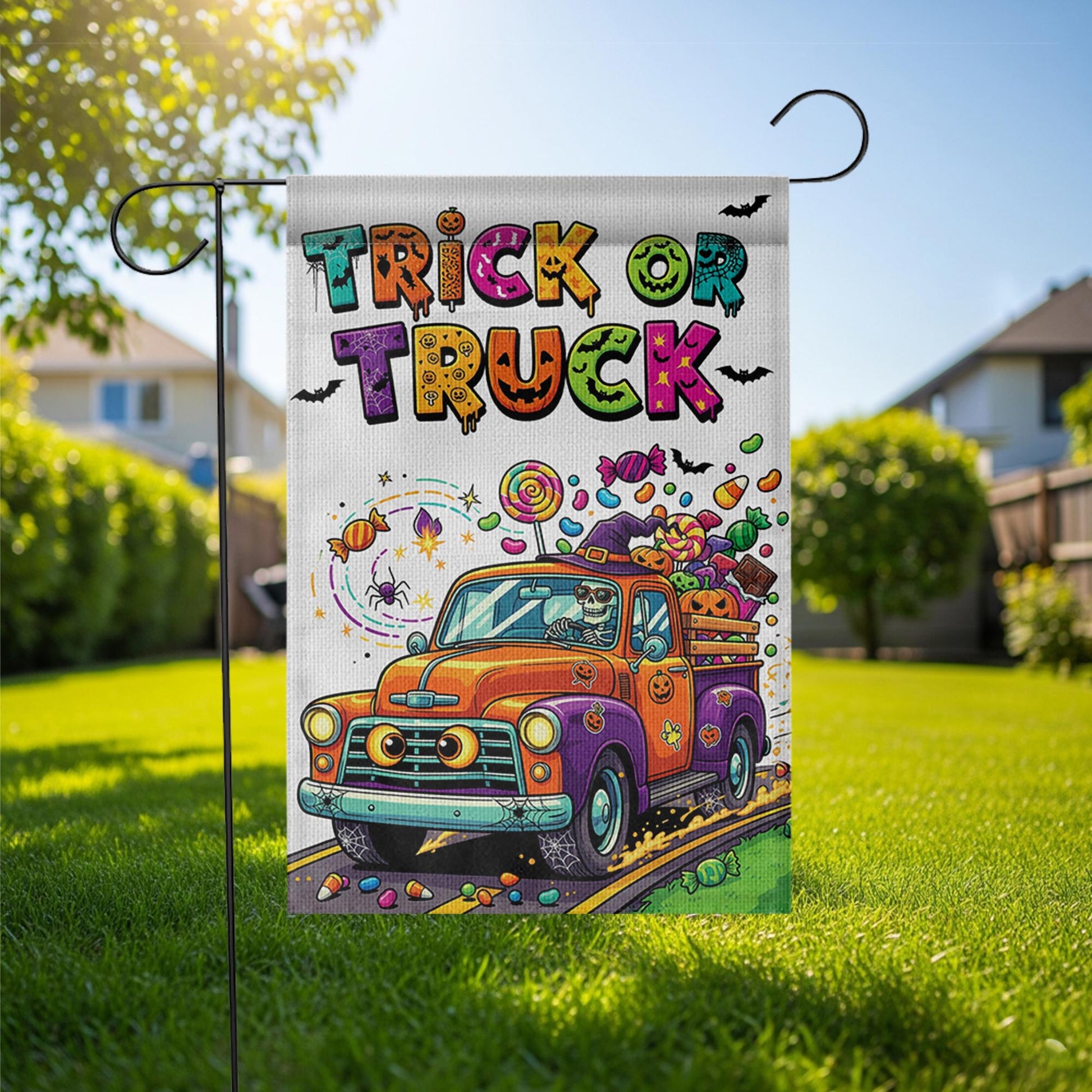 Trick or Truck Garden Flag – Colorful Halloween Truck with Candy – Cute Skeleton Driving – Fun Fall Yard Decor