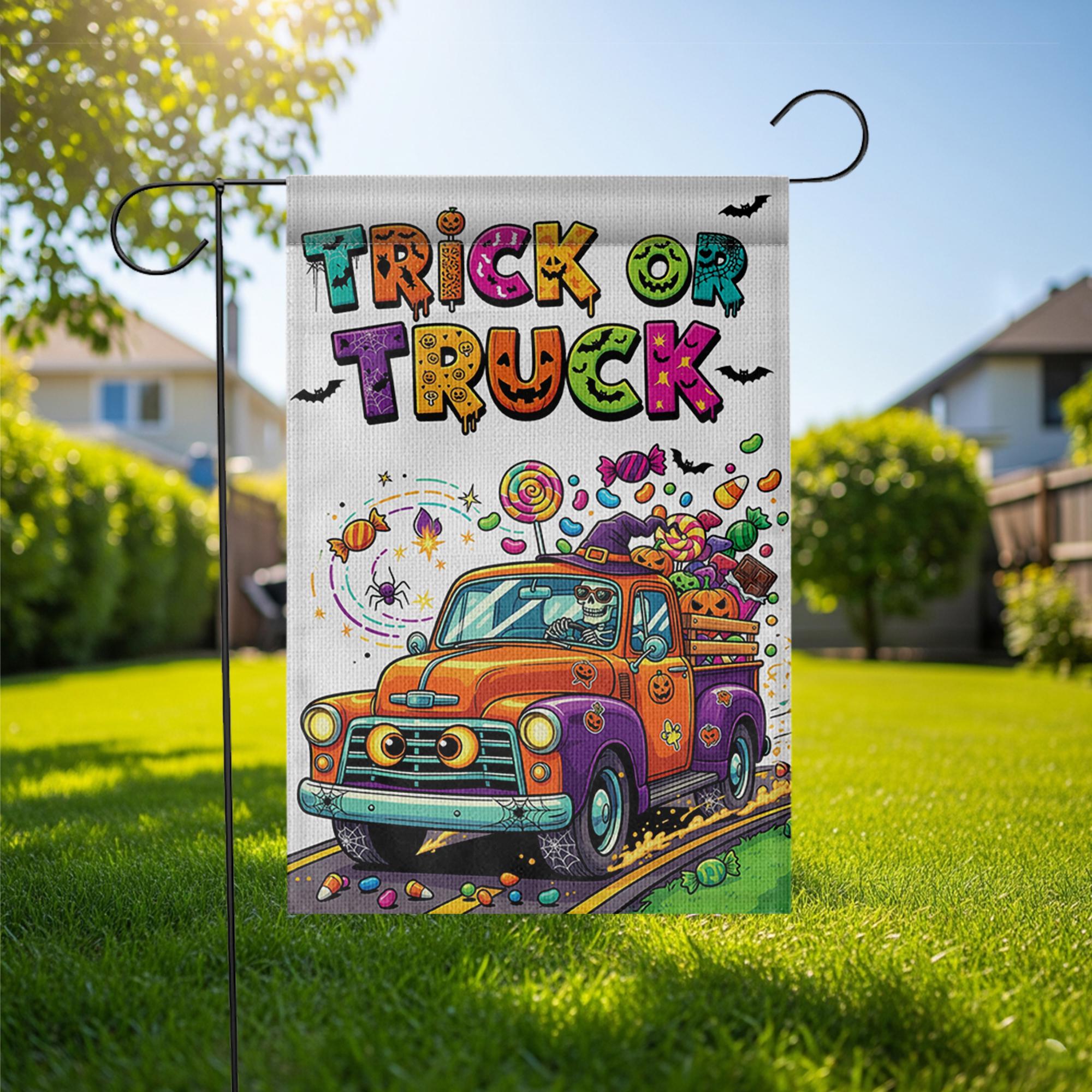 Trick or Truck Garden Flag – Colorful Halloween Truck with Candy – Cute Skeleton Driving – Fun Fall Yard Decor