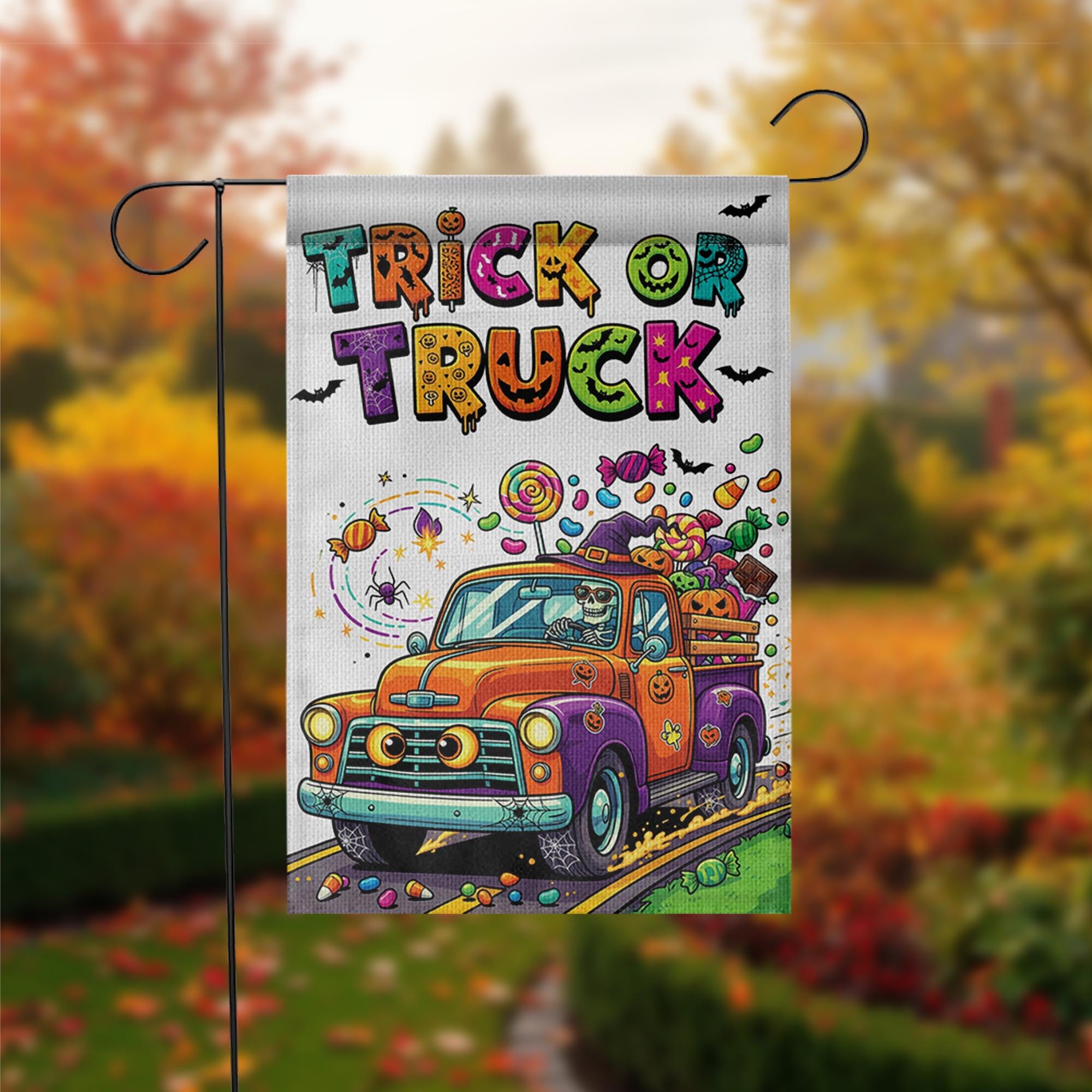 Trick or Truck Garden Flag – Colorful Halloween Truck with Candy – Cute Skeleton Driving – Fun Fall Yard Decor