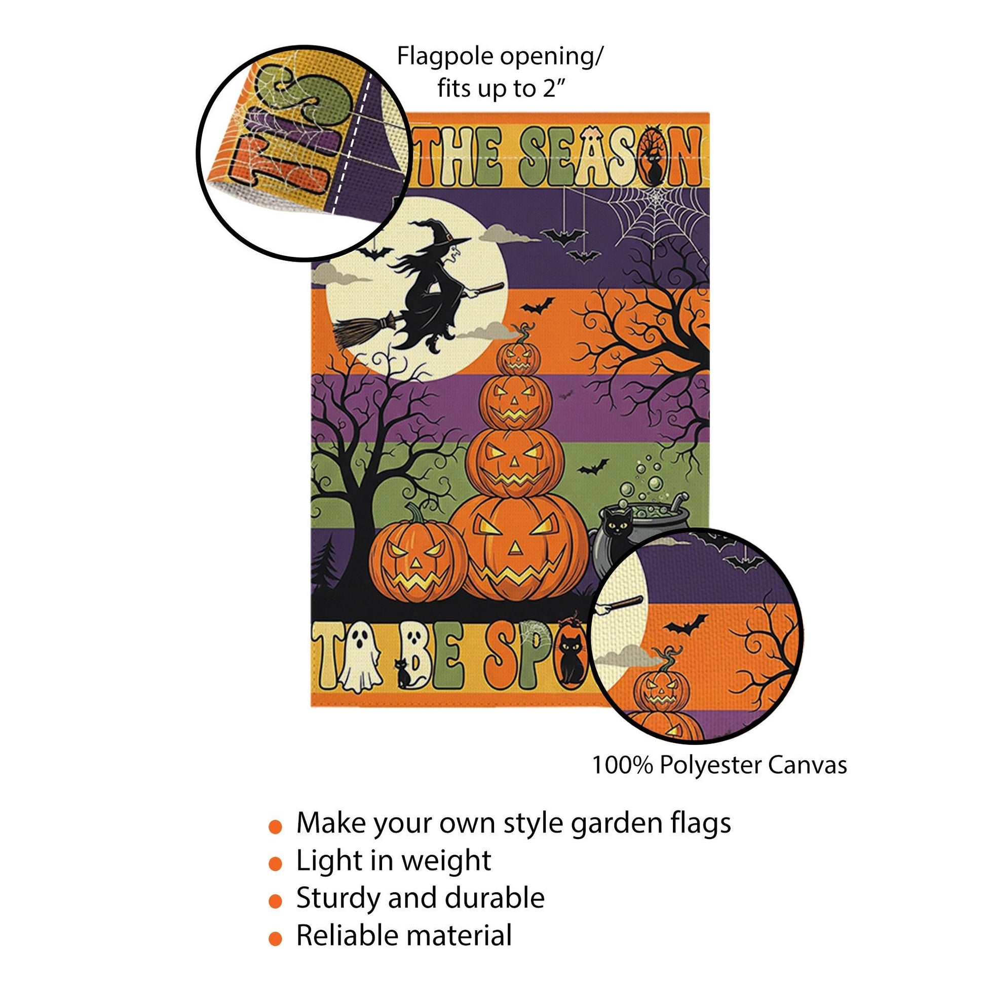 Tis the Season to Be Spooky Garden Flag – Halloween Witch & Pumpkin Stack – Black Cat Fall Outdoor Yard Decor