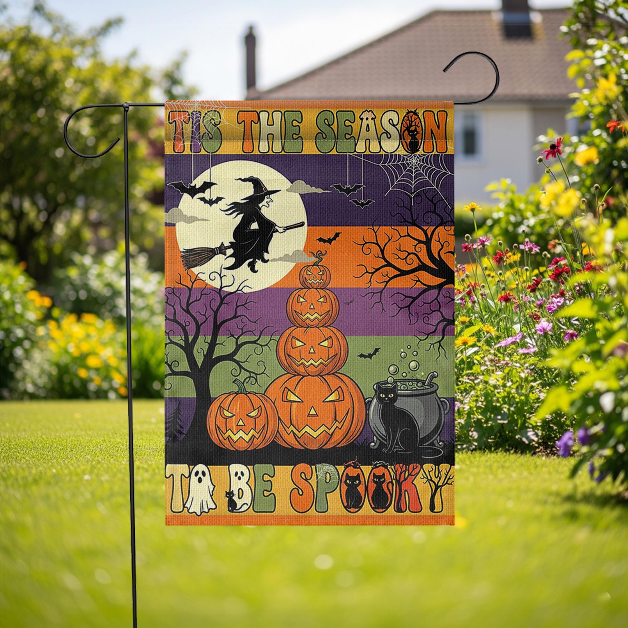Tis the Season to Be Spooky Garden Flag – Halloween Witch & Pumpkin Stack – Black Cat Fall Outdoor Yard Decor