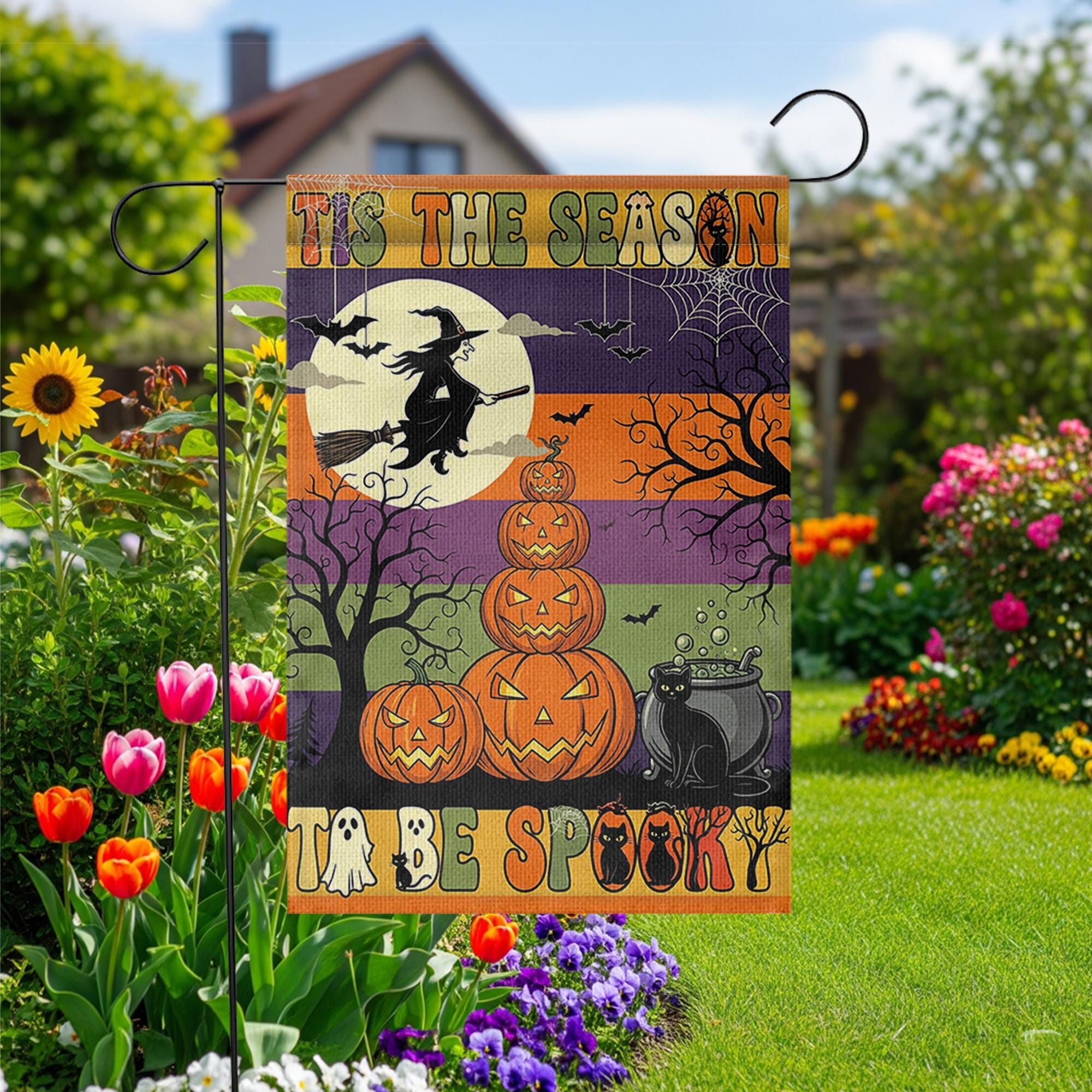 Tis the Season to Be Spooky Garden Flag – Halloween Witch & Pumpkin Stack – Black Cat Fall Outdoor Yard Decor