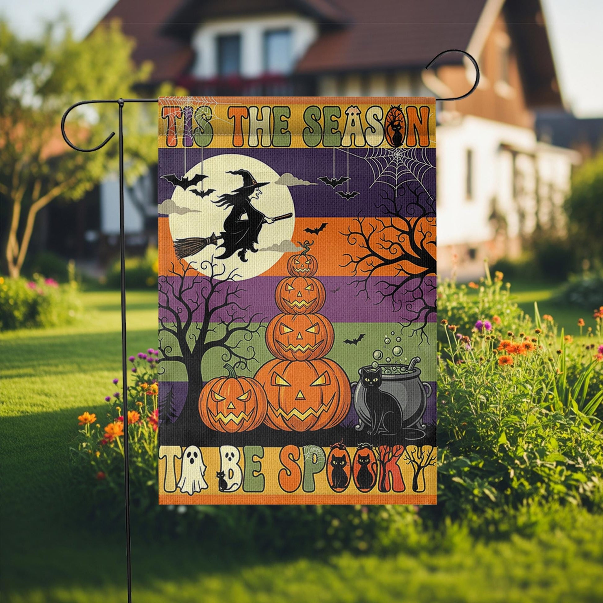 Tis the Season to Be Spooky Garden Flag – Halloween Witch & Pumpkin Stack – Black Cat Fall Outdoor Yard Decor