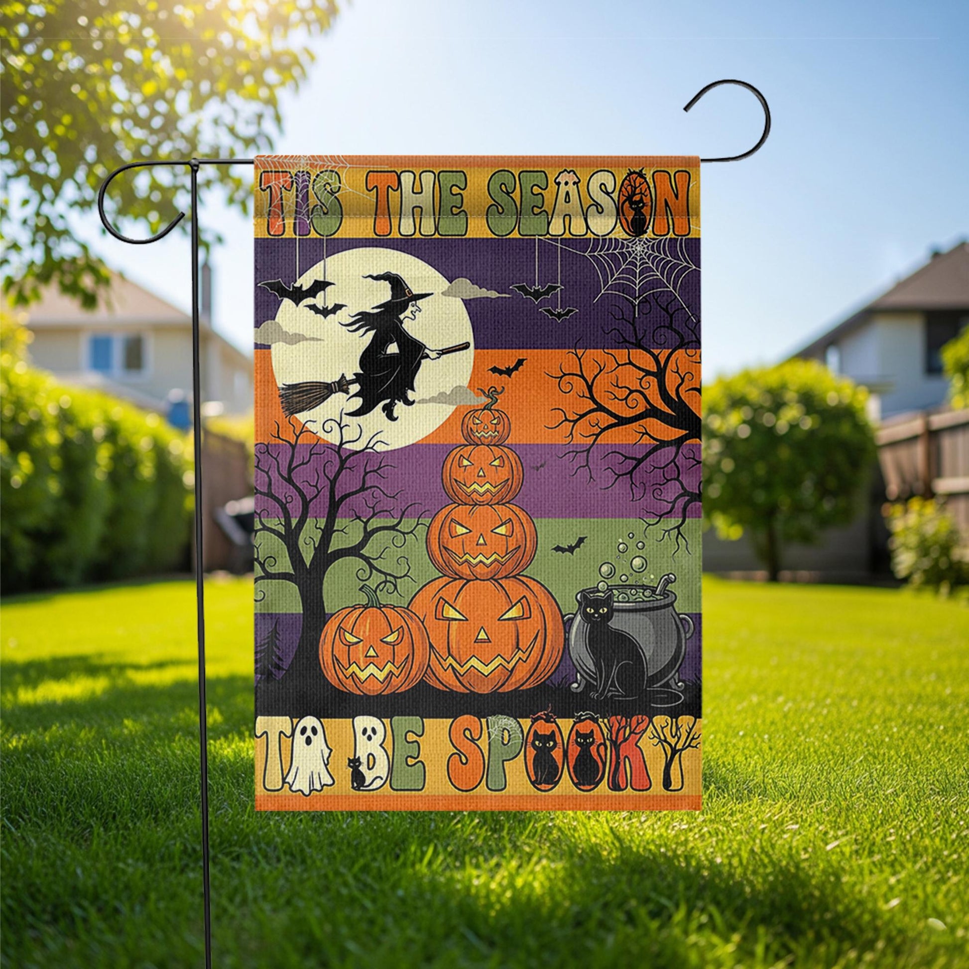 Tis the Season to Be Spooky Garden Flag – Halloween Witch & Pumpkin Stack – Black Cat Fall Outdoor Yard Decor