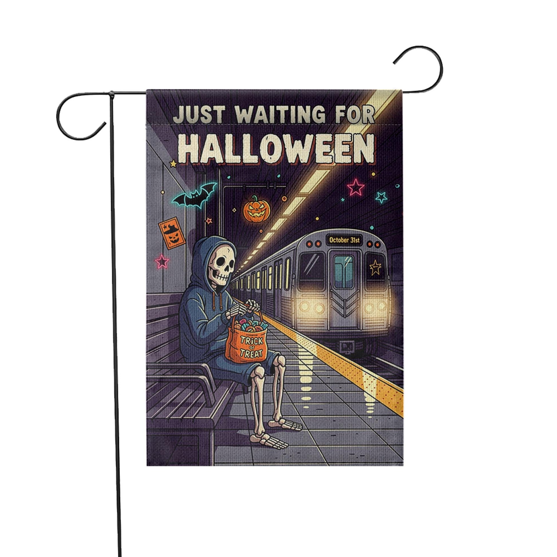 Just Waiting for Halloween Garden Flag – Funny Skeleton Subway Scene – Trick or Treat Spooky Yard Decor