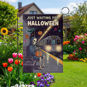Just Waiting for Halloween Garden Flag – Funny Skeleton Subway Scene – Trick or Treat Spooky Yard Decor
