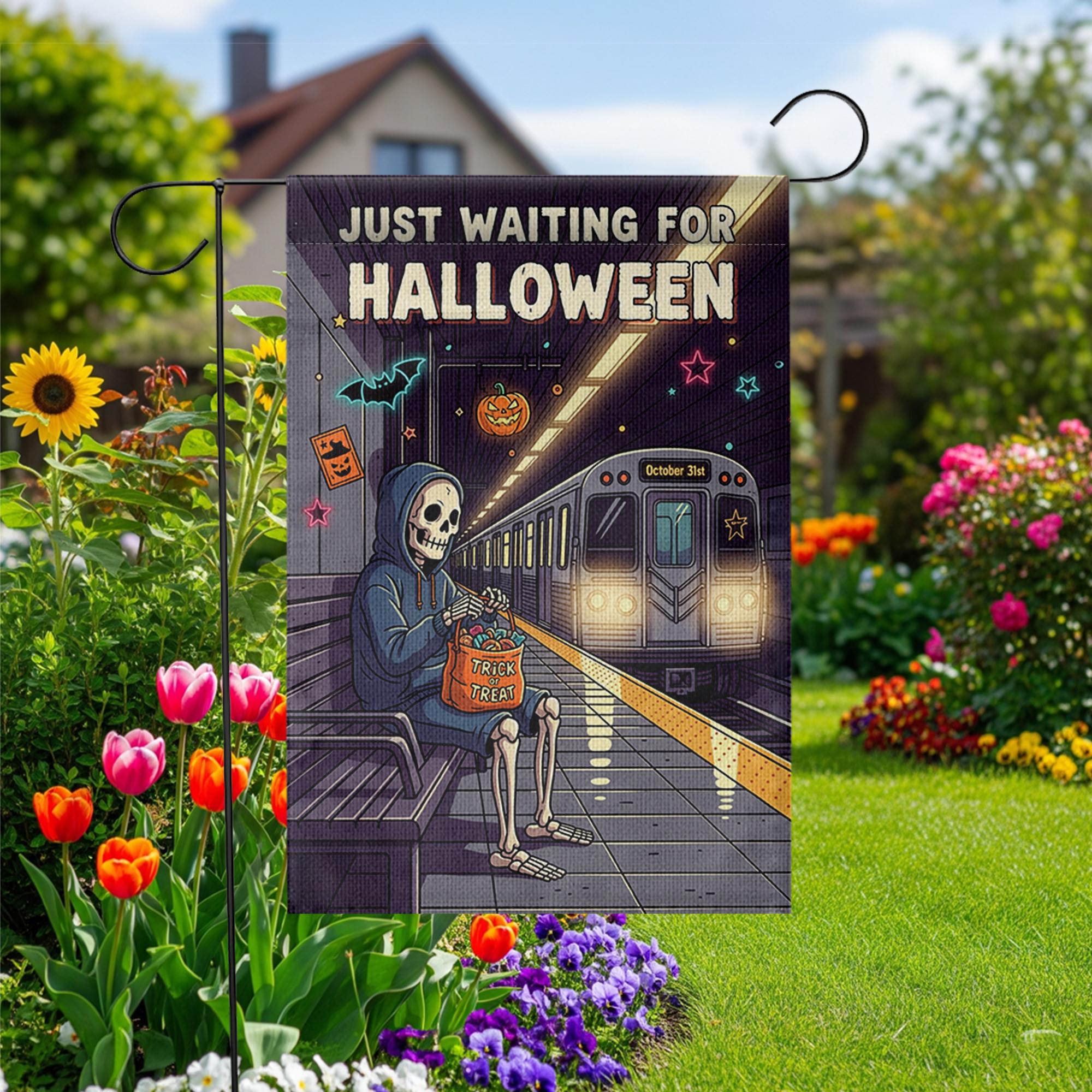 Just Waiting for Halloween Garden Flag – Funny Skeleton Subway Scene – Trick or Treat Spooky Yard Decor