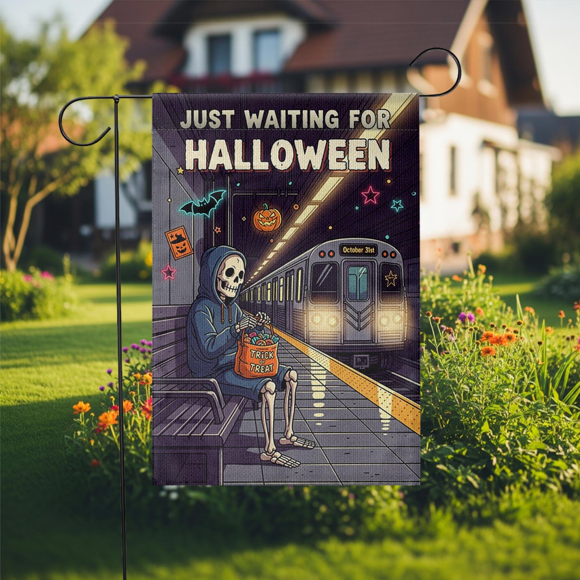 Just Waiting for Halloween Garden Flag – Funny Skeleton Subway Scene – Trick or Treat Spooky Yard Decor