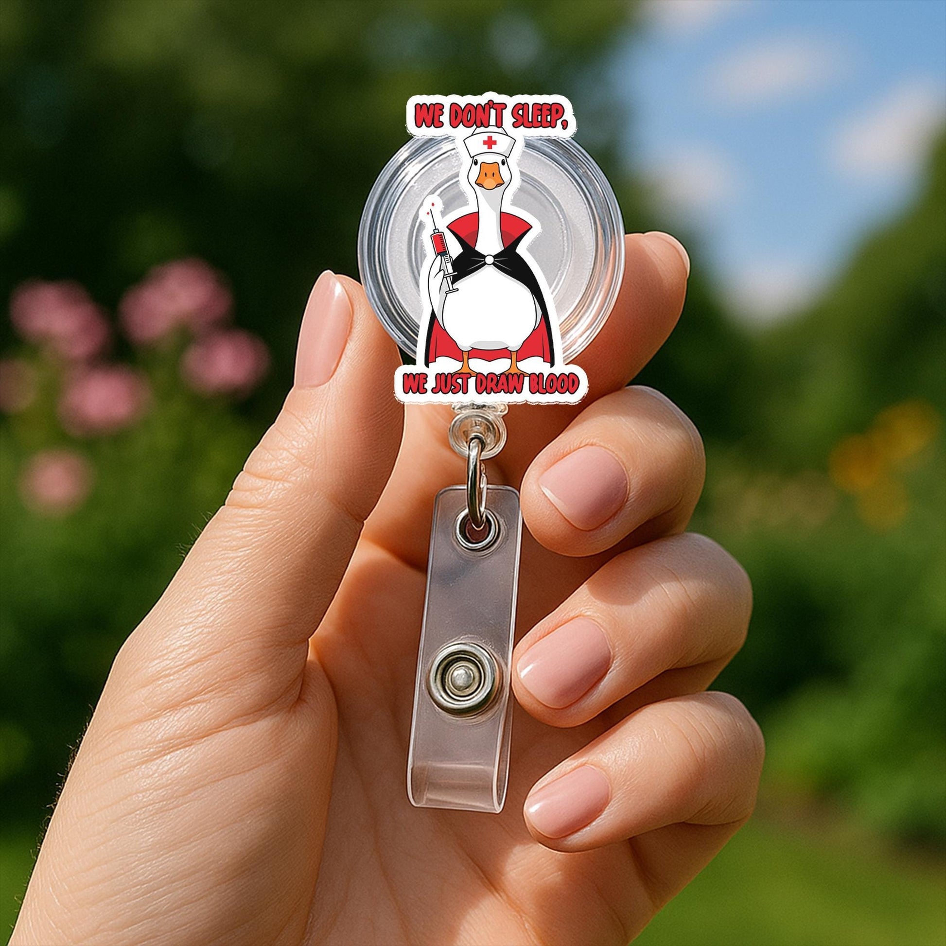 Funny Nurse Goose Badge Reel, We Don’t Sleep We Just Draw Blood, Phlebotomist ID Clip, Halloween Nurse Badge Gift, Goose Humor Clip