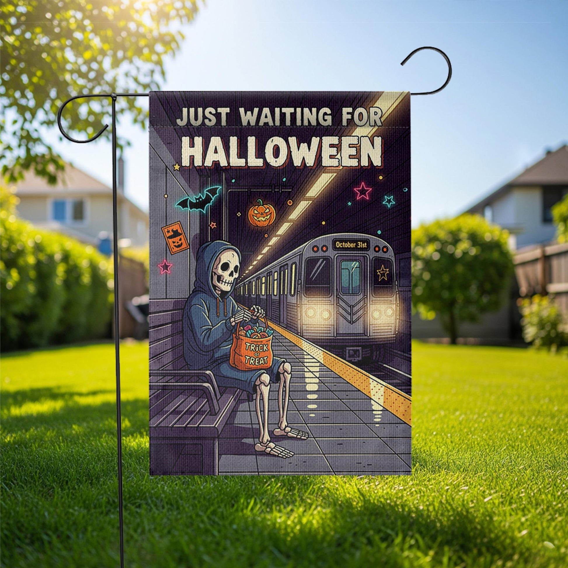 Just Waiting for Halloween Garden Flag – Funny Skeleton Subway Scene – Trick or Treat Spooky Yard Decor