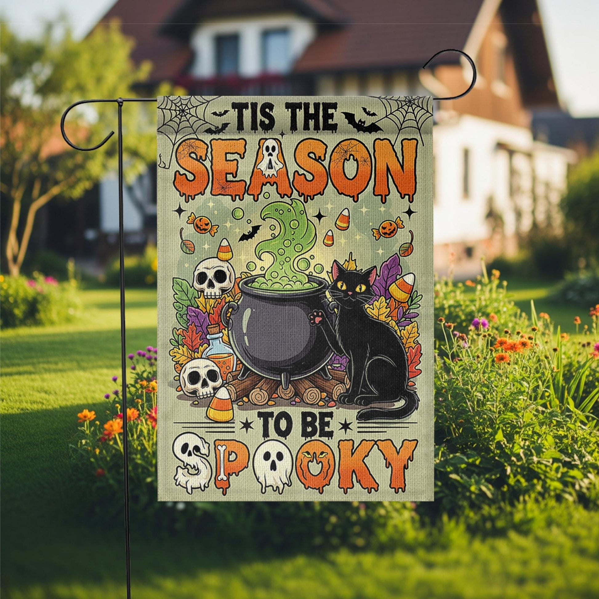 Tis the Season to Be Spooky Garden Flag – Cute Halloween Cauldron with Black Cat – Fun Fall Yard Decoration