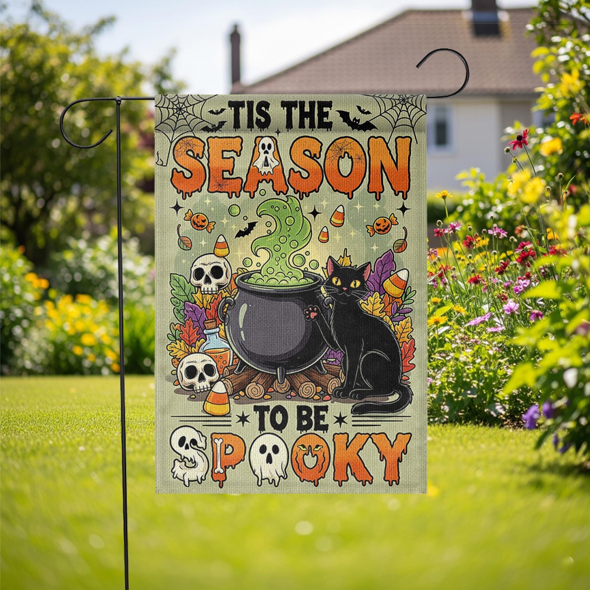 Tis the Season to Be Spooky Garden Flag – Cute Halloween Cauldron with Black Cat – Fun Fall Yard Decoration