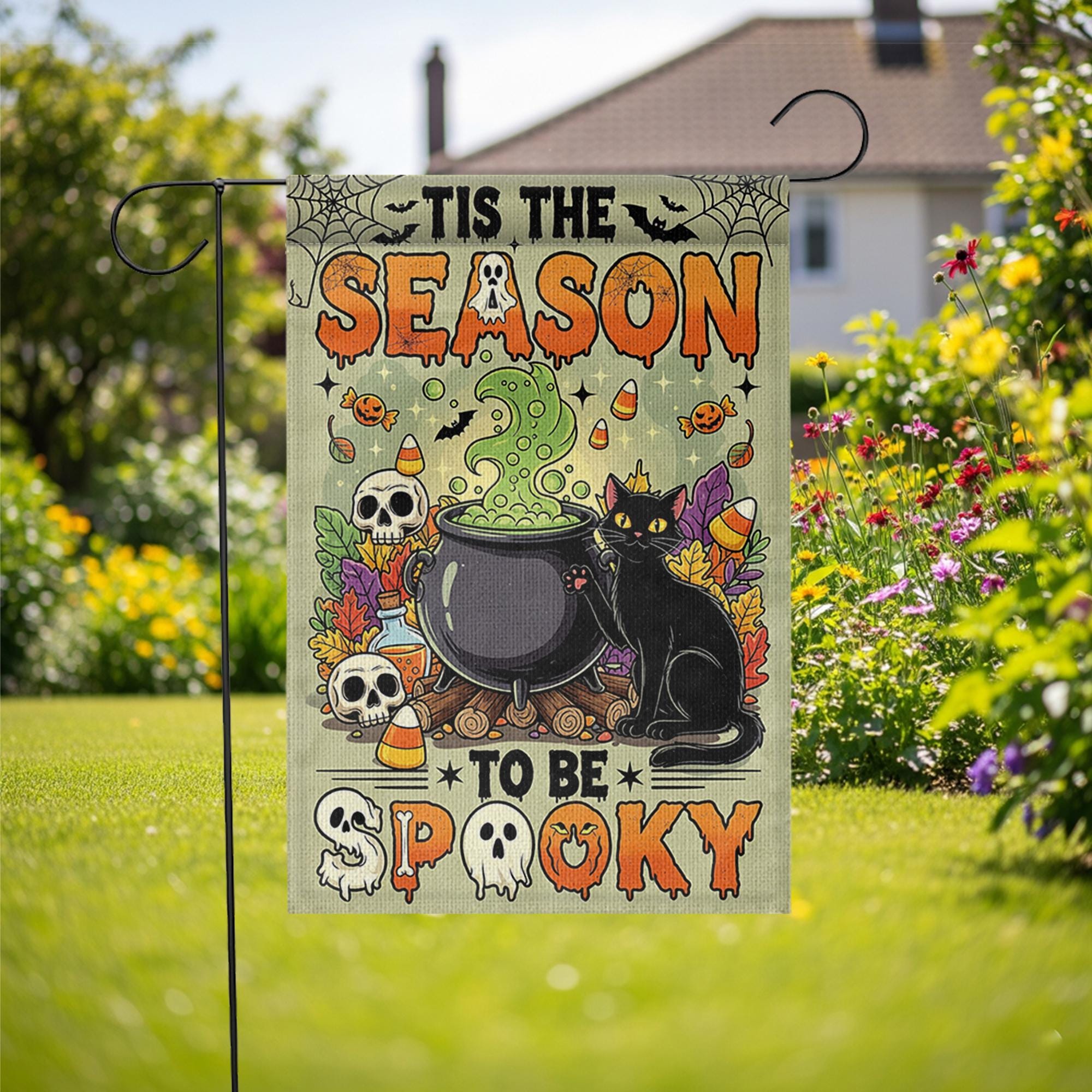 Tis the Season to Be Spooky Garden Flag – Cute Halloween Cauldron with Black Cat – Fun Fall Yard Decoration