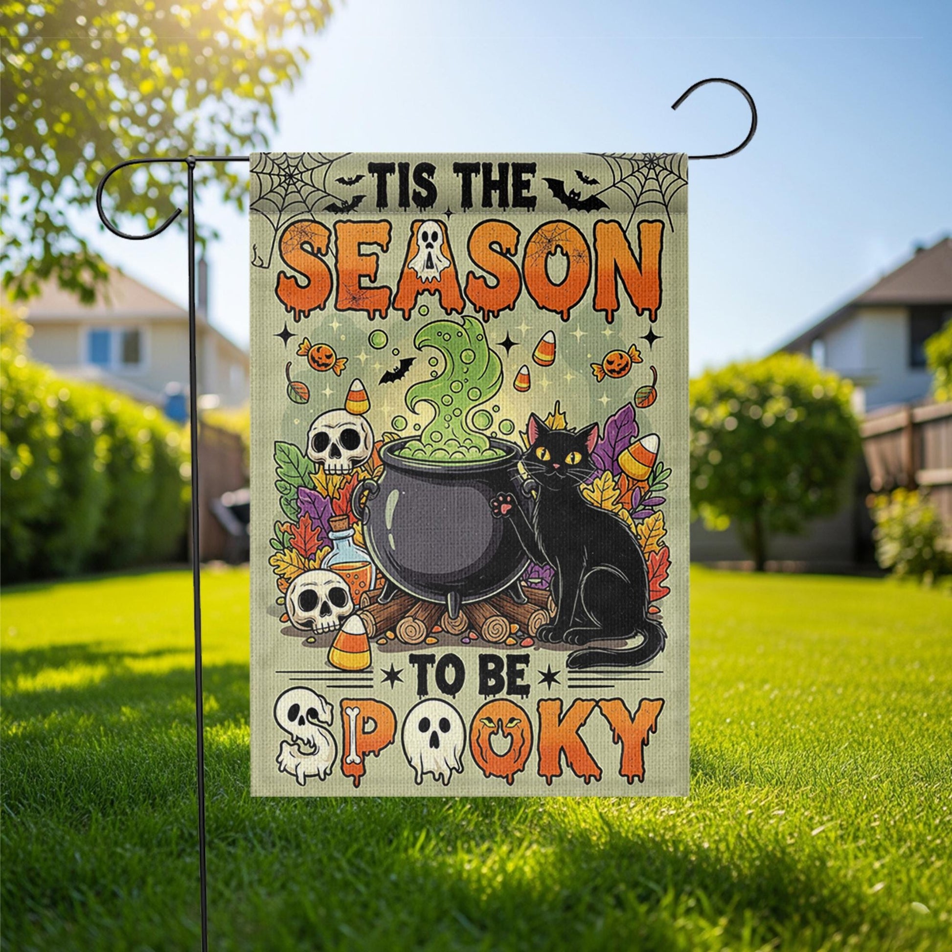 Tis the Season to Be Spooky Garden Flag – Cute Halloween Cauldron with Black Cat – Fun Fall Yard Decoration