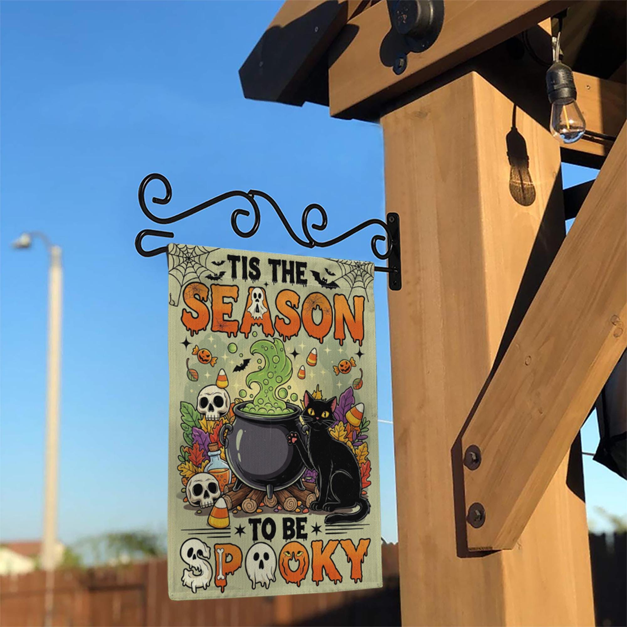 Tis the Season to Be Spooky Garden Flag – Cute Halloween Cauldron with Black Cat – Fun Fall Yard Decoration