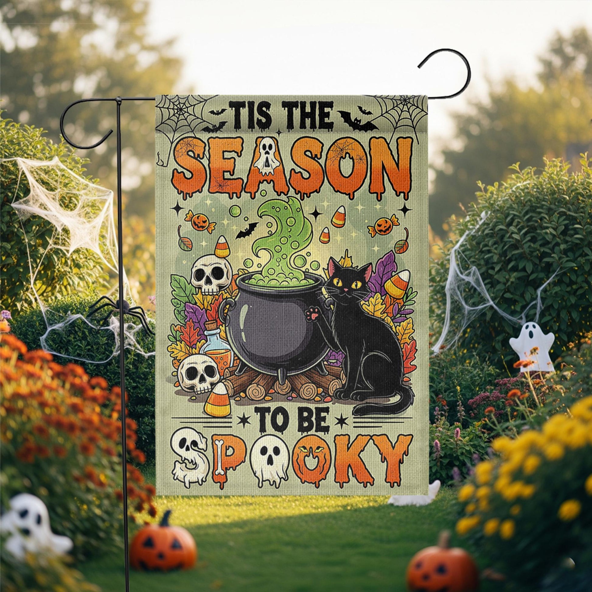Tis the Season to Be Spooky Garden Flag – Cute Halloween Cauldron with Black Cat – Fun Fall Yard Decoration