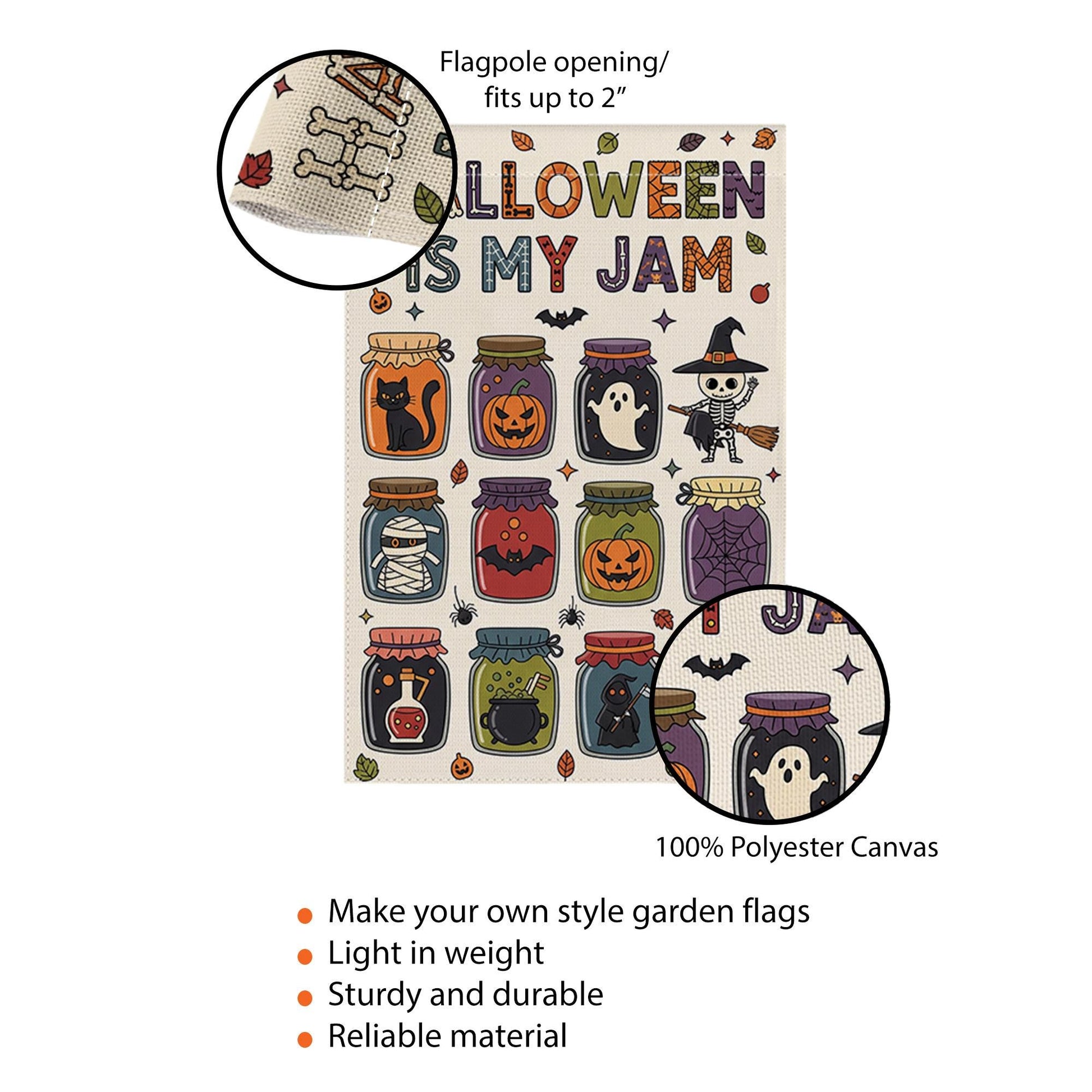 Halloween Is My Jam Garden Flag – Cute Spooky Jars with Ghosts, Cats, and Candy – Fun Fall Outdoor Yard Decor