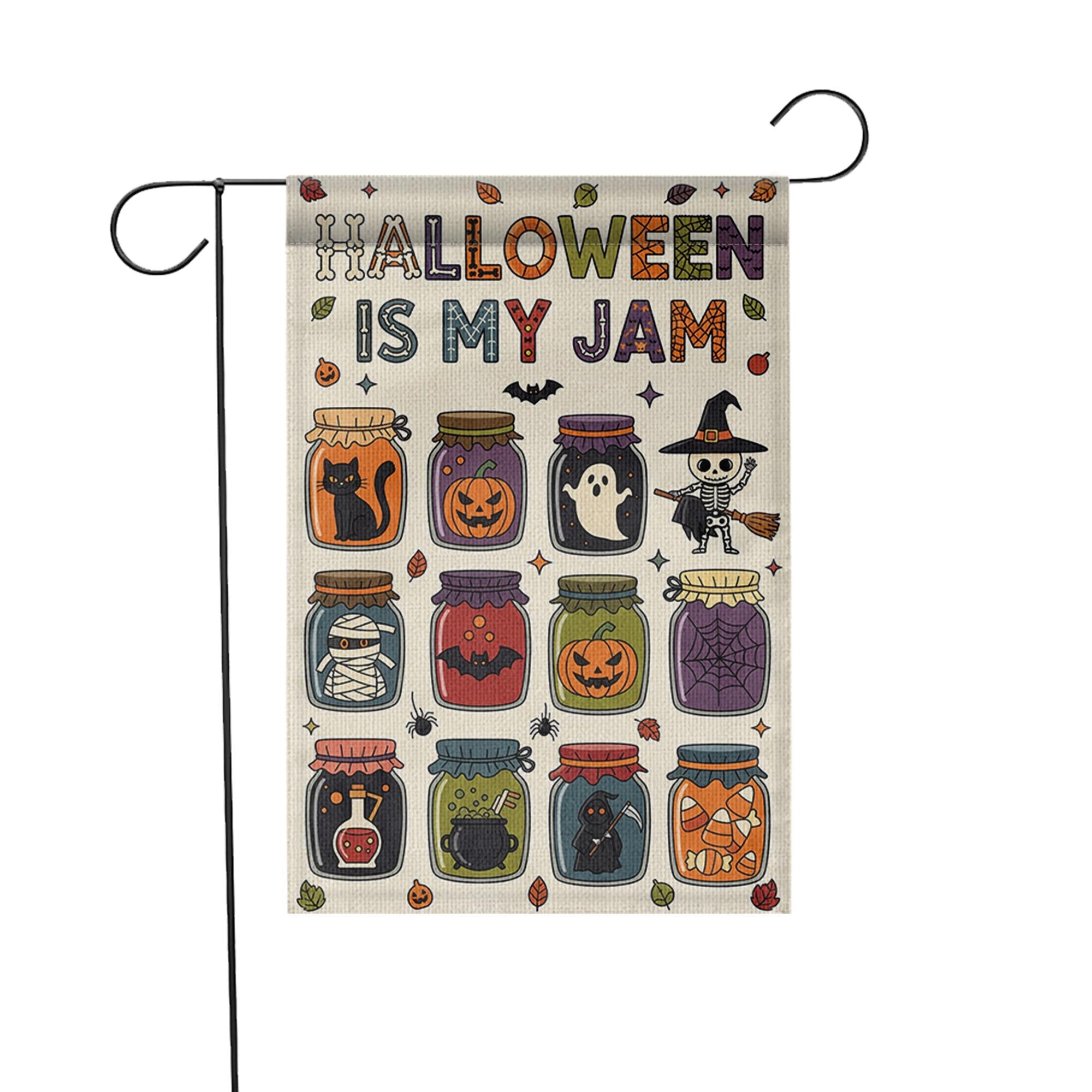 Halloween Is My Jam Garden Flag – Cute Spooky Jars with Ghosts, Cats, and Candy – Fun Fall Outdoor Yard Decor