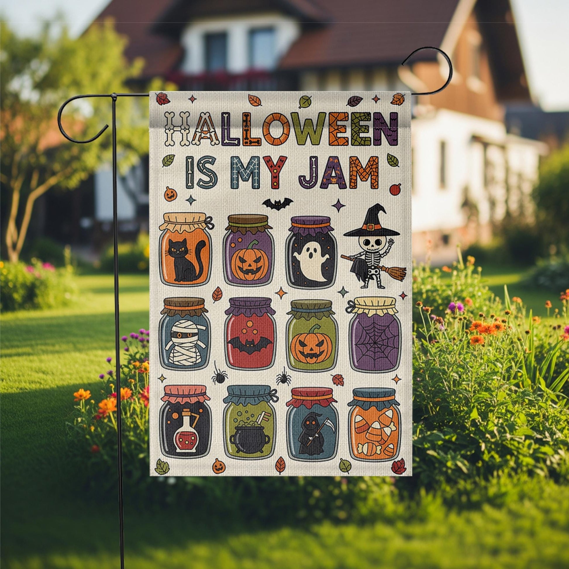 Halloween Is My Jam Garden Flag – Cute Spooky Jars with Ghosts, Cats, and Candy – Fun Fall Outdoor Yard Decor