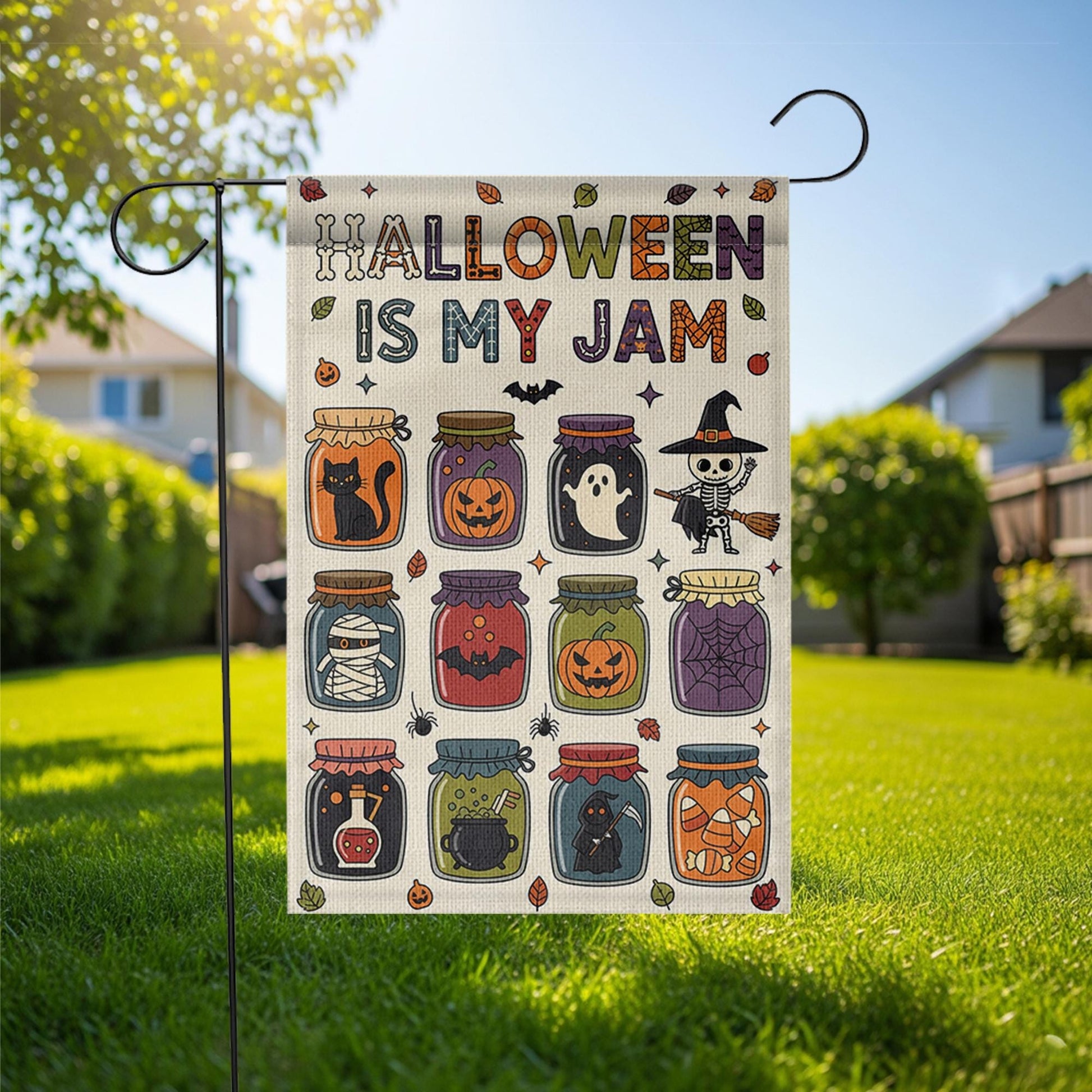 Halloween Is My Jam Garden Flag – Cute Spooky Jars with Ghosts, Cats, and Candy – Fun Fall Outdoor Yard Decor