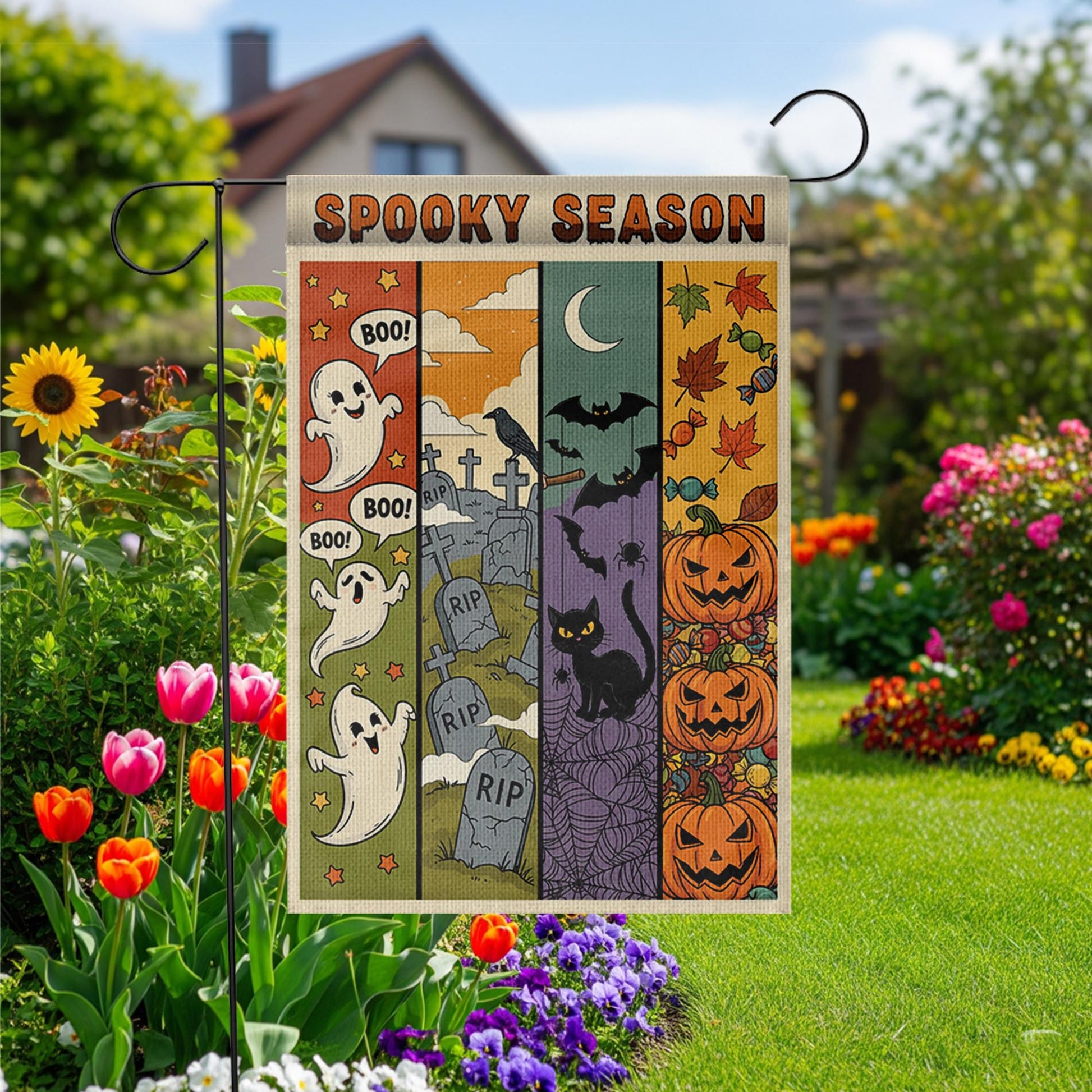Spooky Season Garden Flag – Cute Ghost, Bat, Cat & Pumpkin Fall Yard Decor – Halloween Outdoor Banner