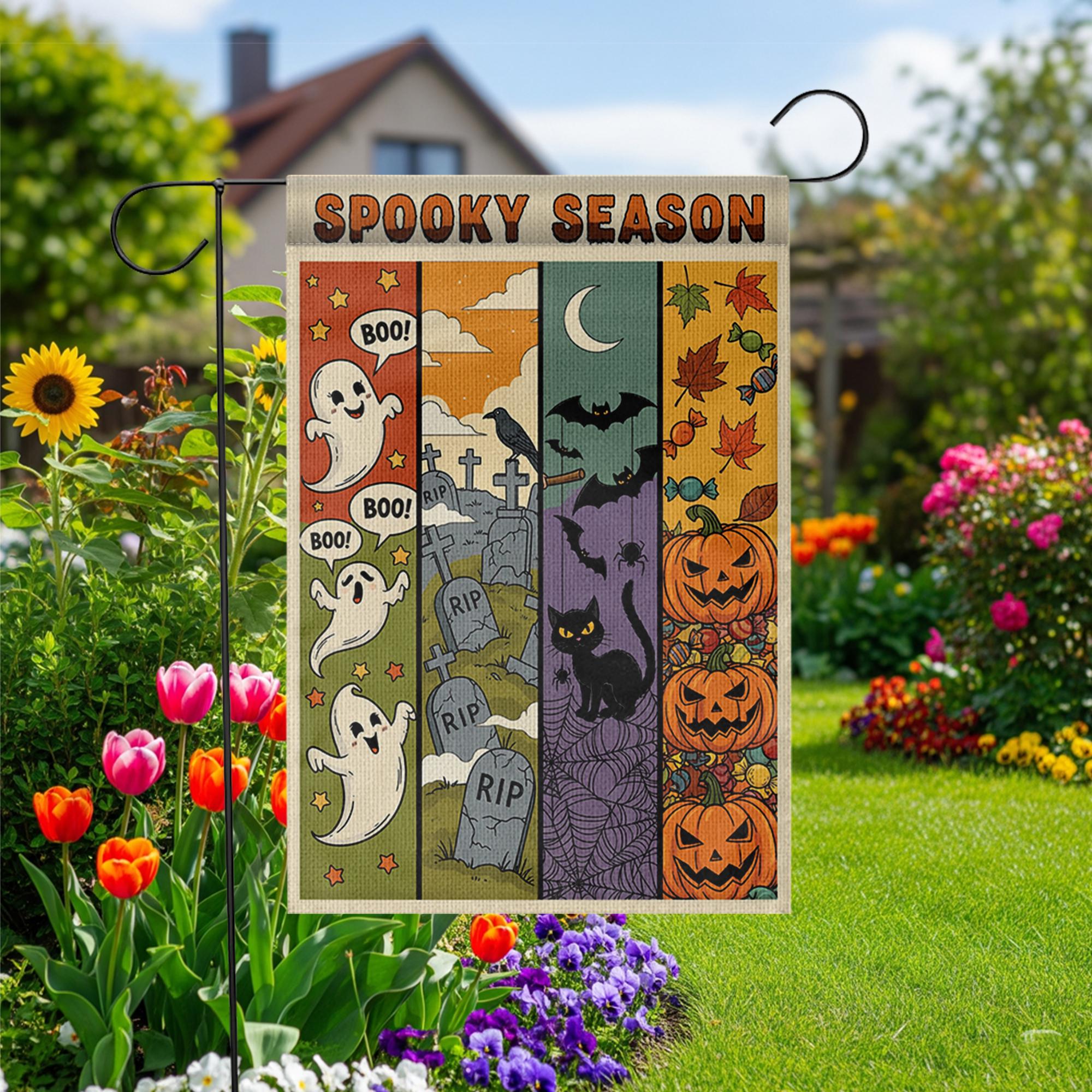 Spooky Season Garden Flag – Cute Ghost, Bat, Cat & Pumpkin Fall Yard Decor – Halloween Outdoor Banner