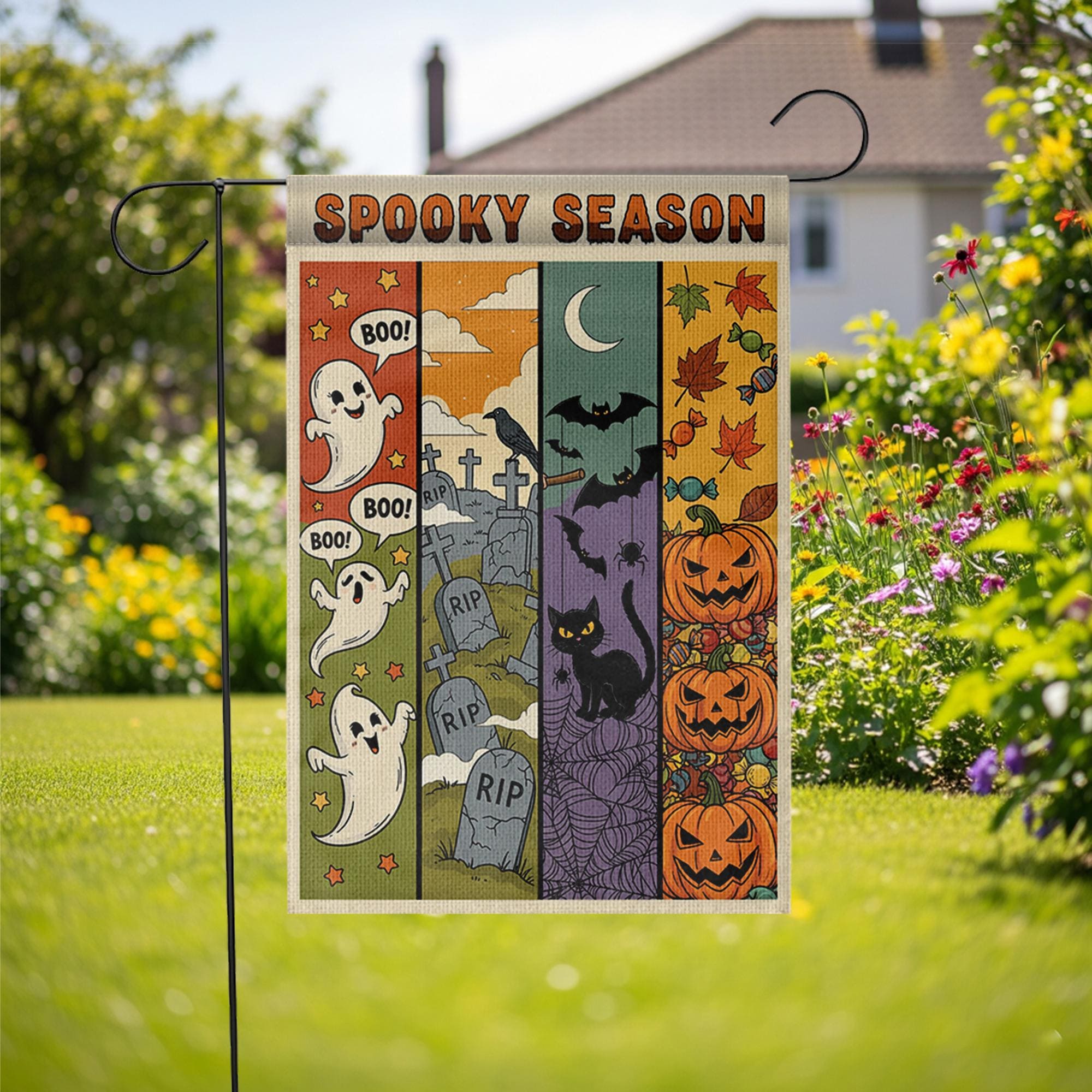 Spooky Season Garden Flag – Cute Ghost, Bat, Cat & Pumpkin Fall Yard Decor – Halloween Outdoor Banner