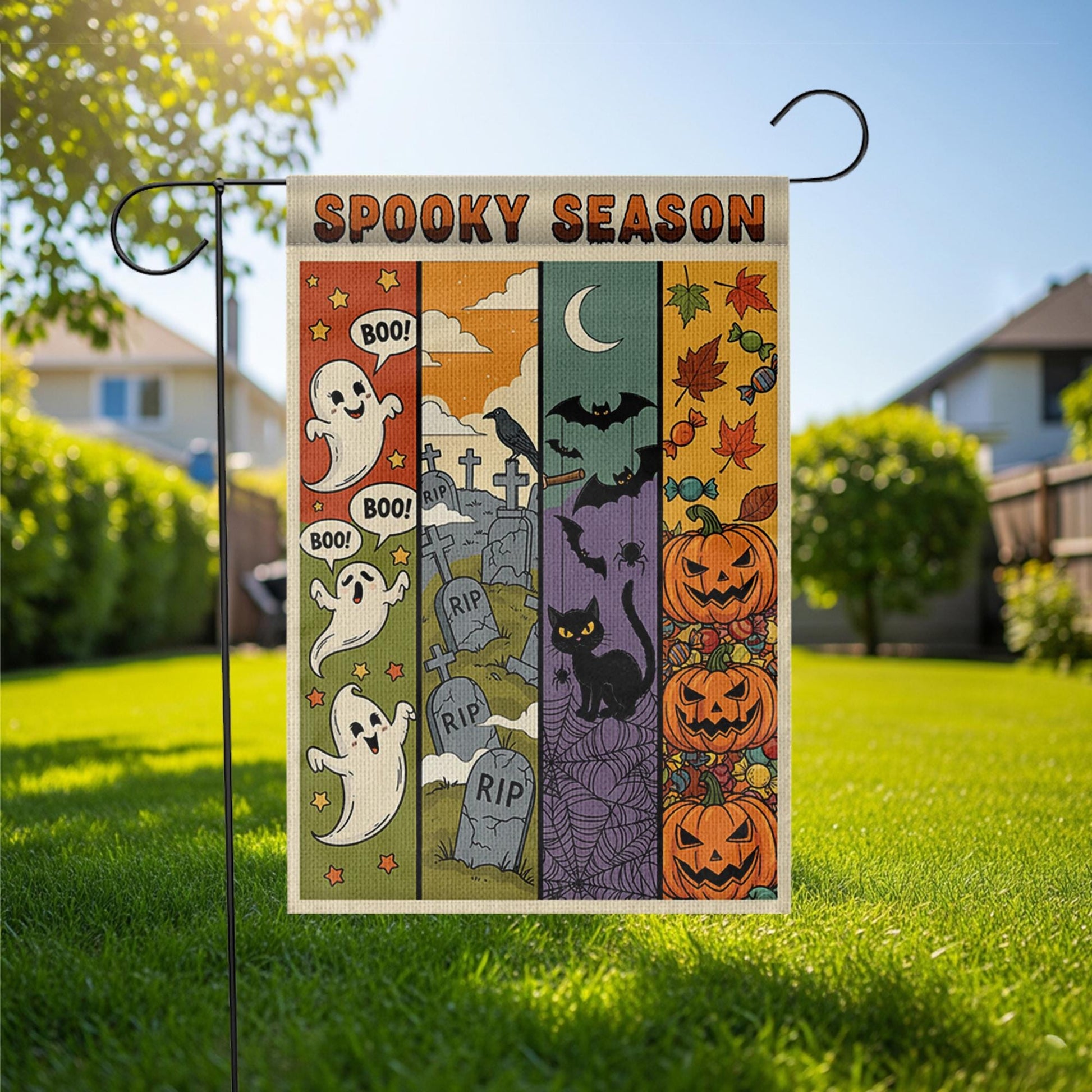 Spooky Season Garden Flag – Cute Ghost, Bat, Cat & Pumpkin Fall Yard Decor – Halloween Outdoor Banner