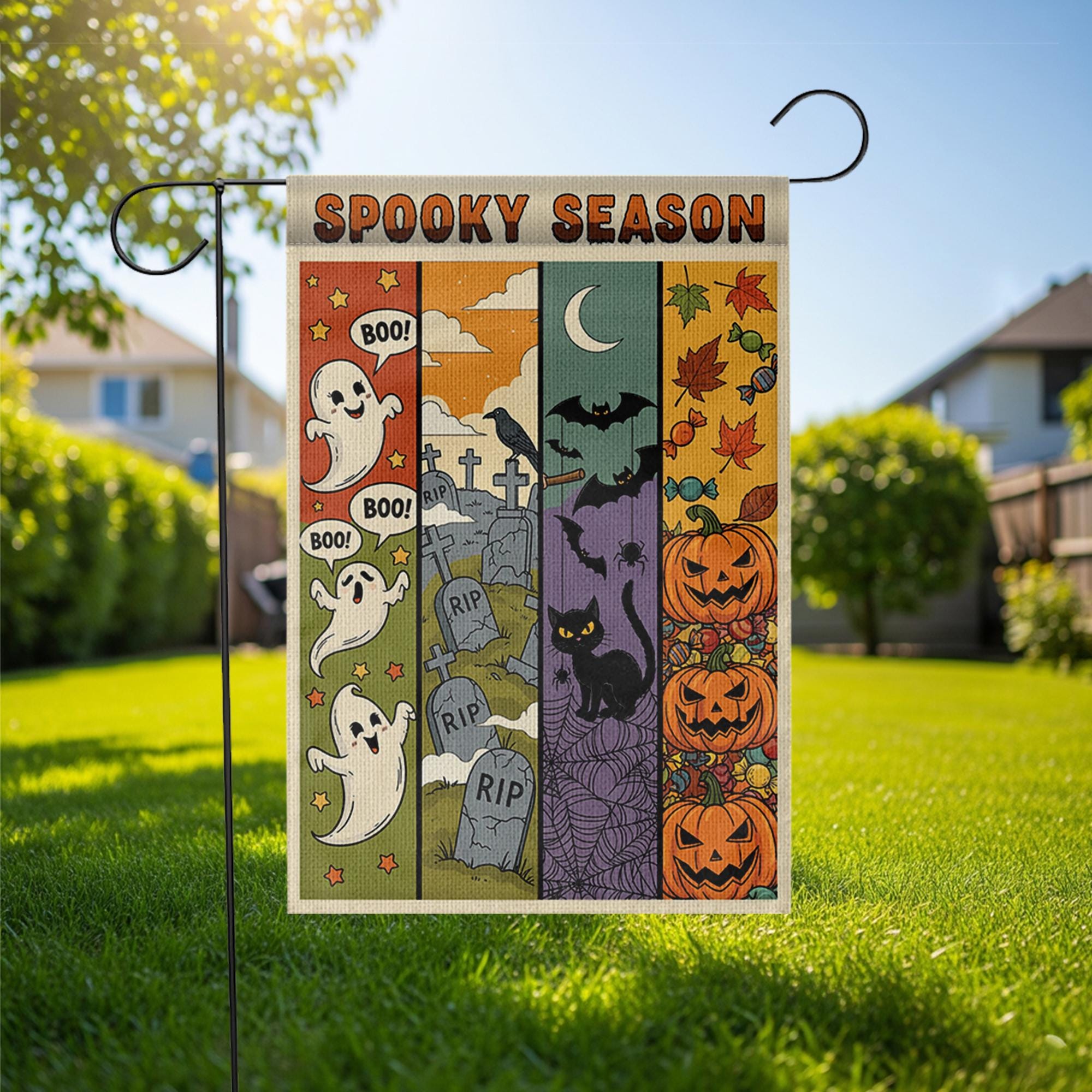 Spooky Season Garden Flag – Cute Ghost, Bat, Cat & Pumpkin Fall Yard Decor – Halloween Outdoor Banner