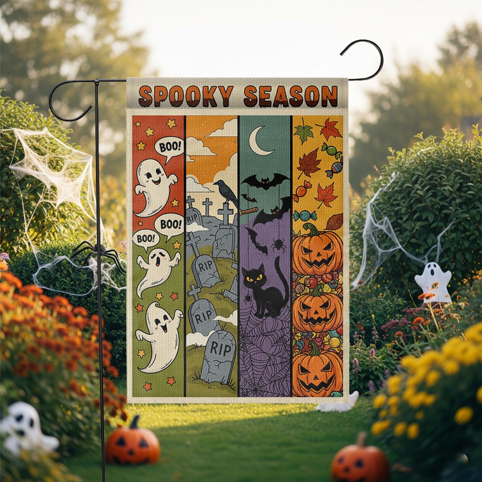 Spooky Season Garden Flag – Cute Ghost, Bat, Cat & Pumpkin Fall Yard Decor – Halloween Outdoor Banner