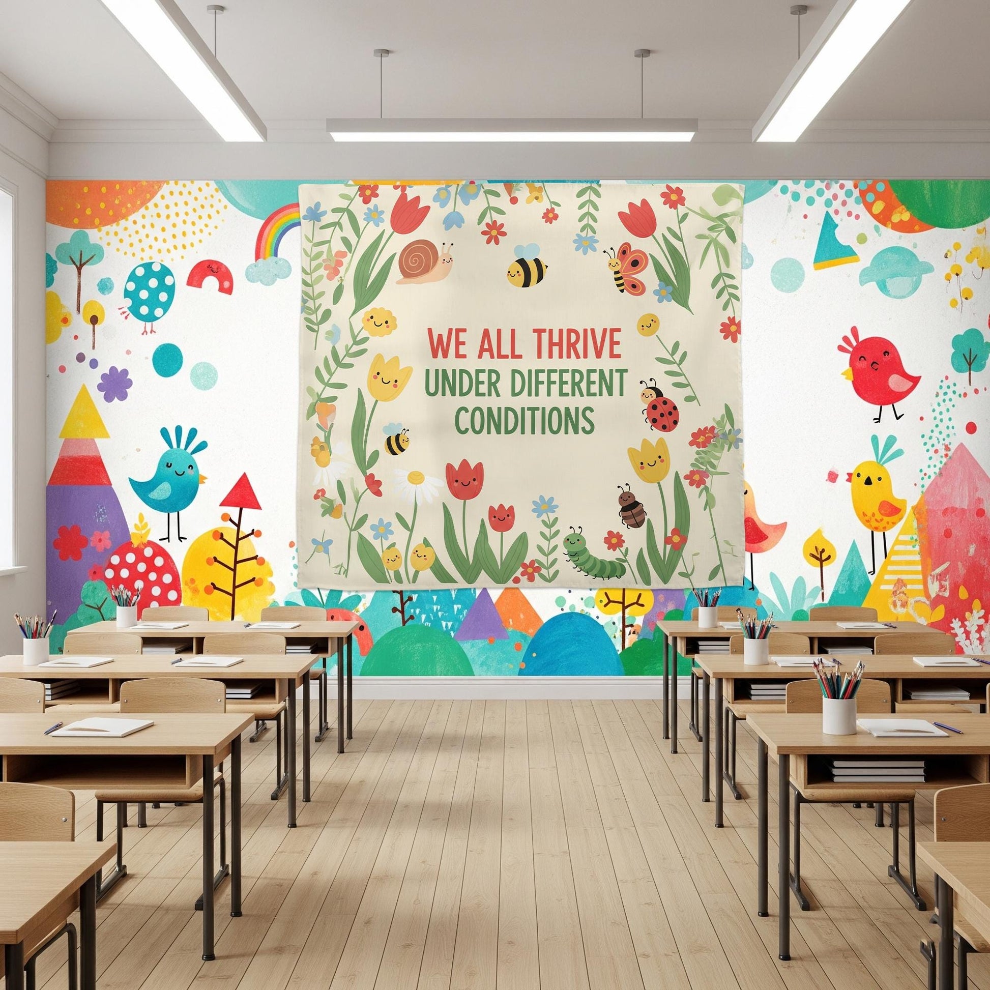 Classroom Tapestry Decor, We All Thrive Banner, Inclusive Teacher Poster, Growth Mindset Wall Art, Motivational School Tapestry