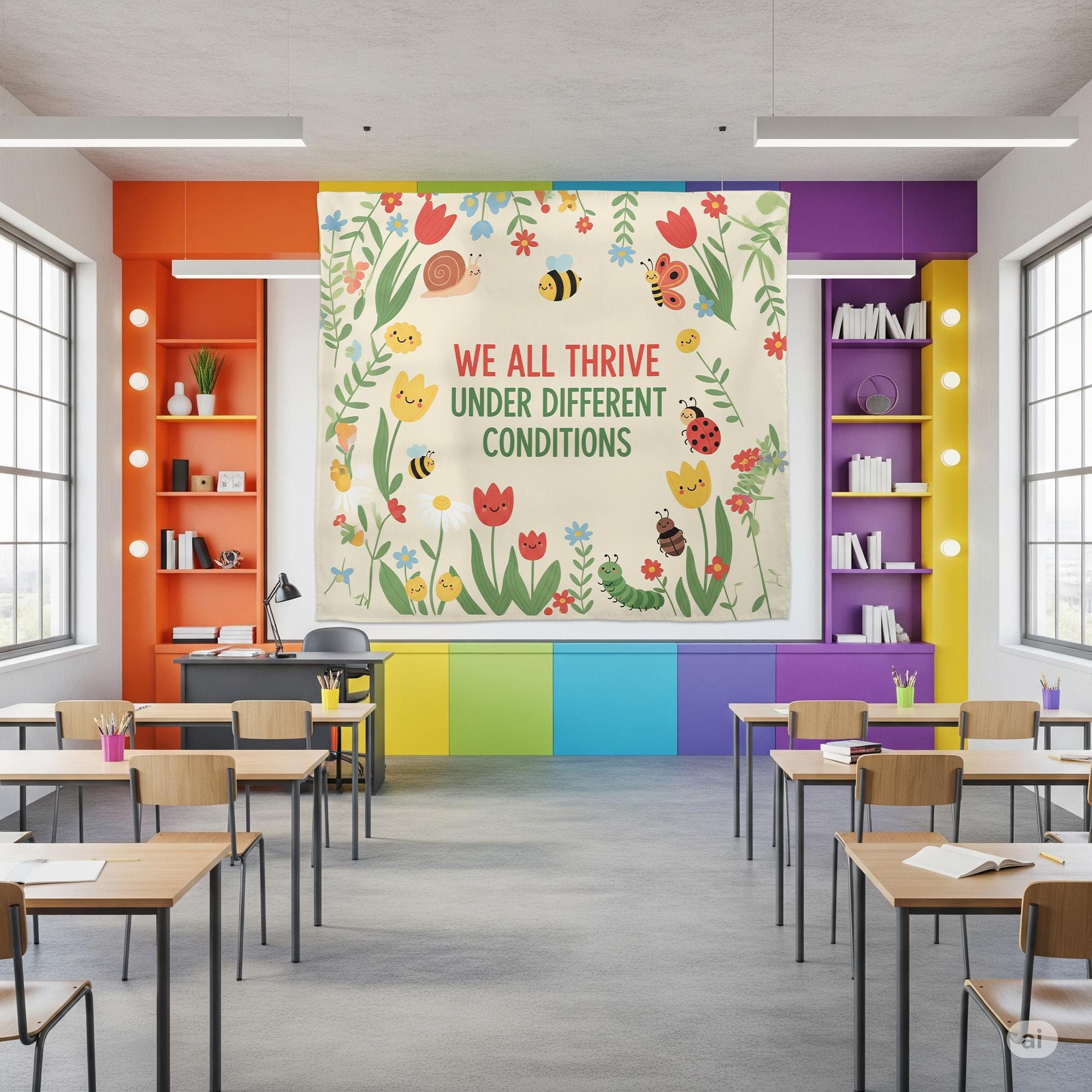 Classroom Tapestry Decor, We All Thrive Banner, Inclusive Teacher Poster, Growth Mindset Wall Art, Motivational School Tapestry