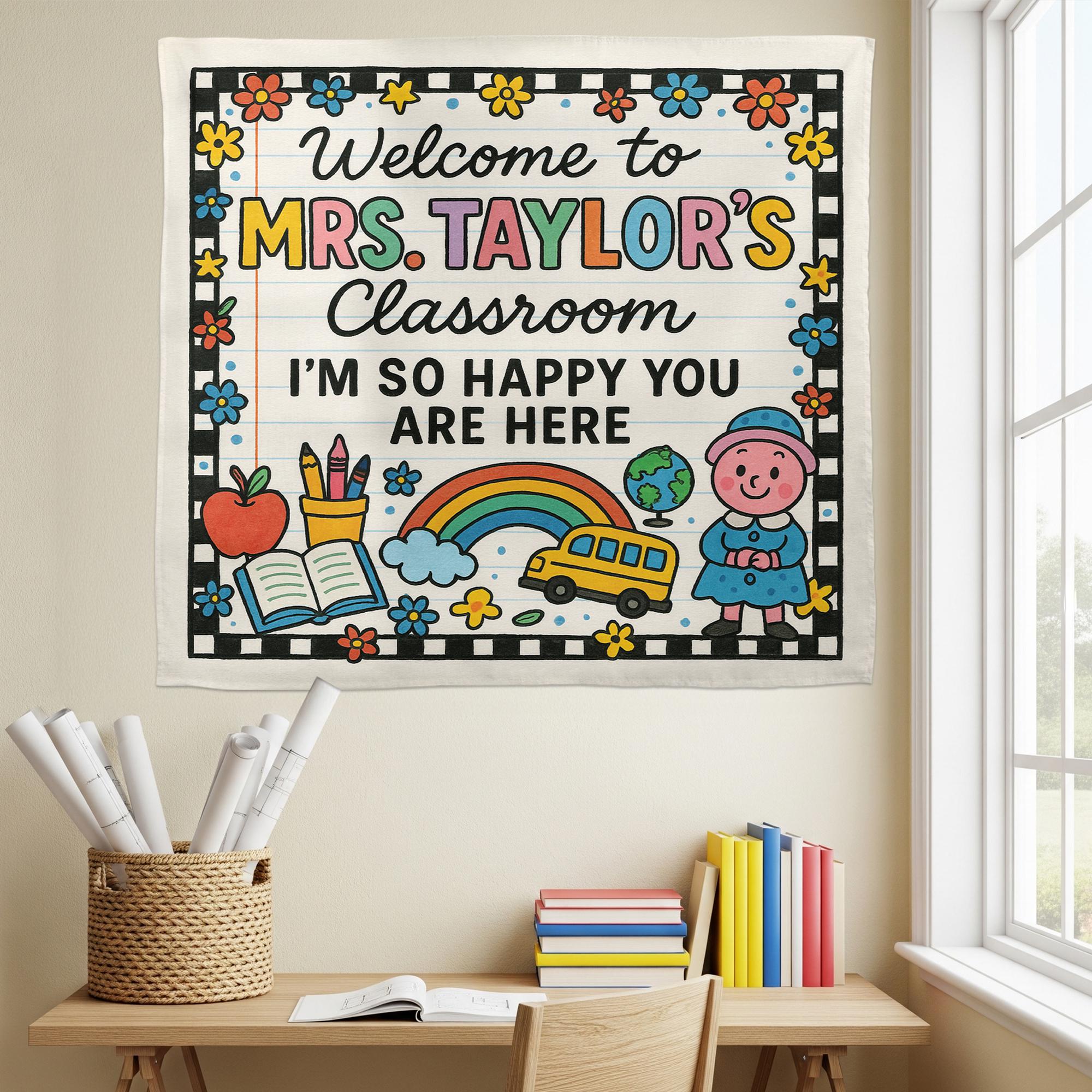 Welcome Classroom Tapestry, Happy You Are Here Banner, Teacher Wall Decor, Back to School Sign, Preschool Classroom Decoration