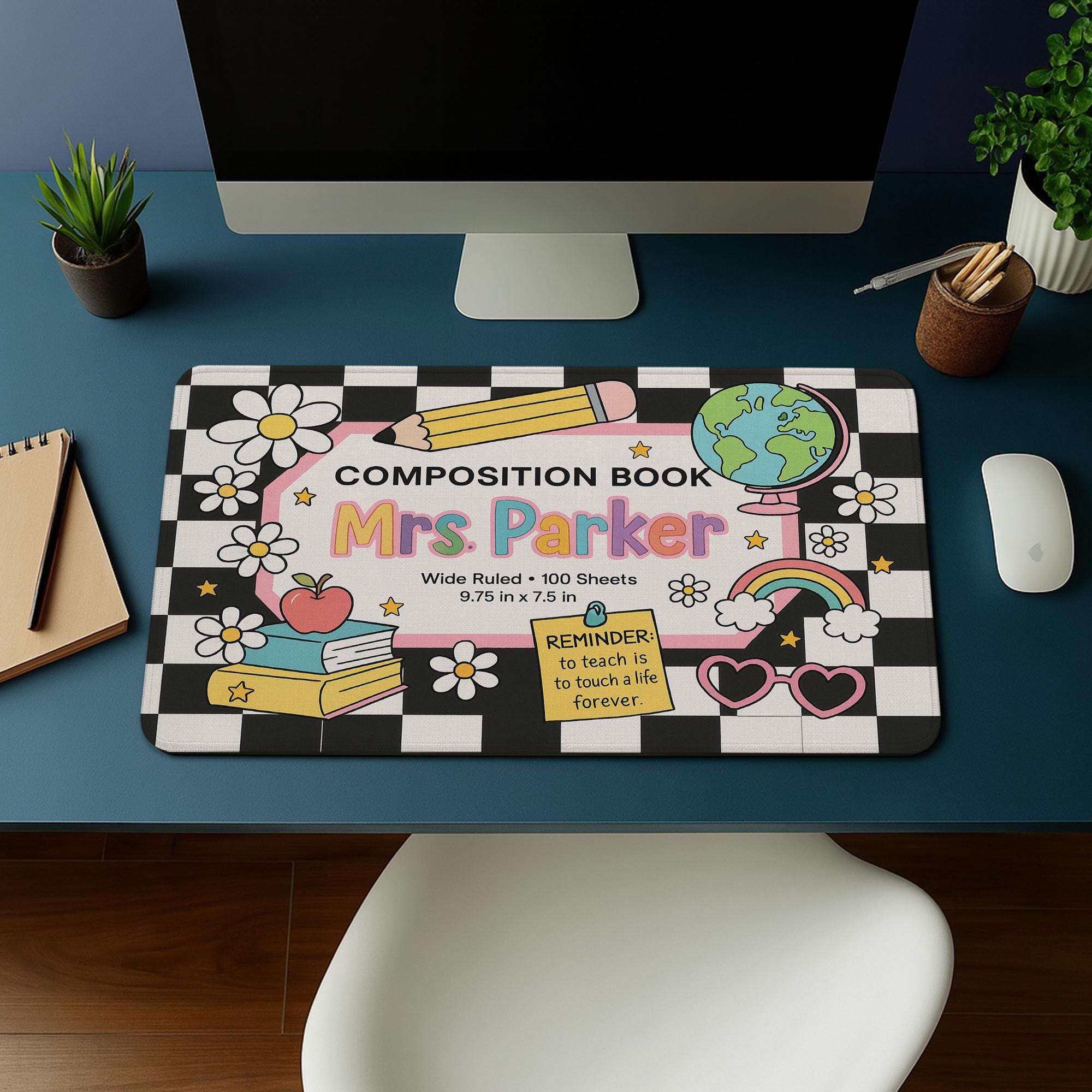 Custom Teacher Mouse Pad – Composition Book Style Desk Mat – Personalized Classroom Gift – Cute School Supplies for Teachers