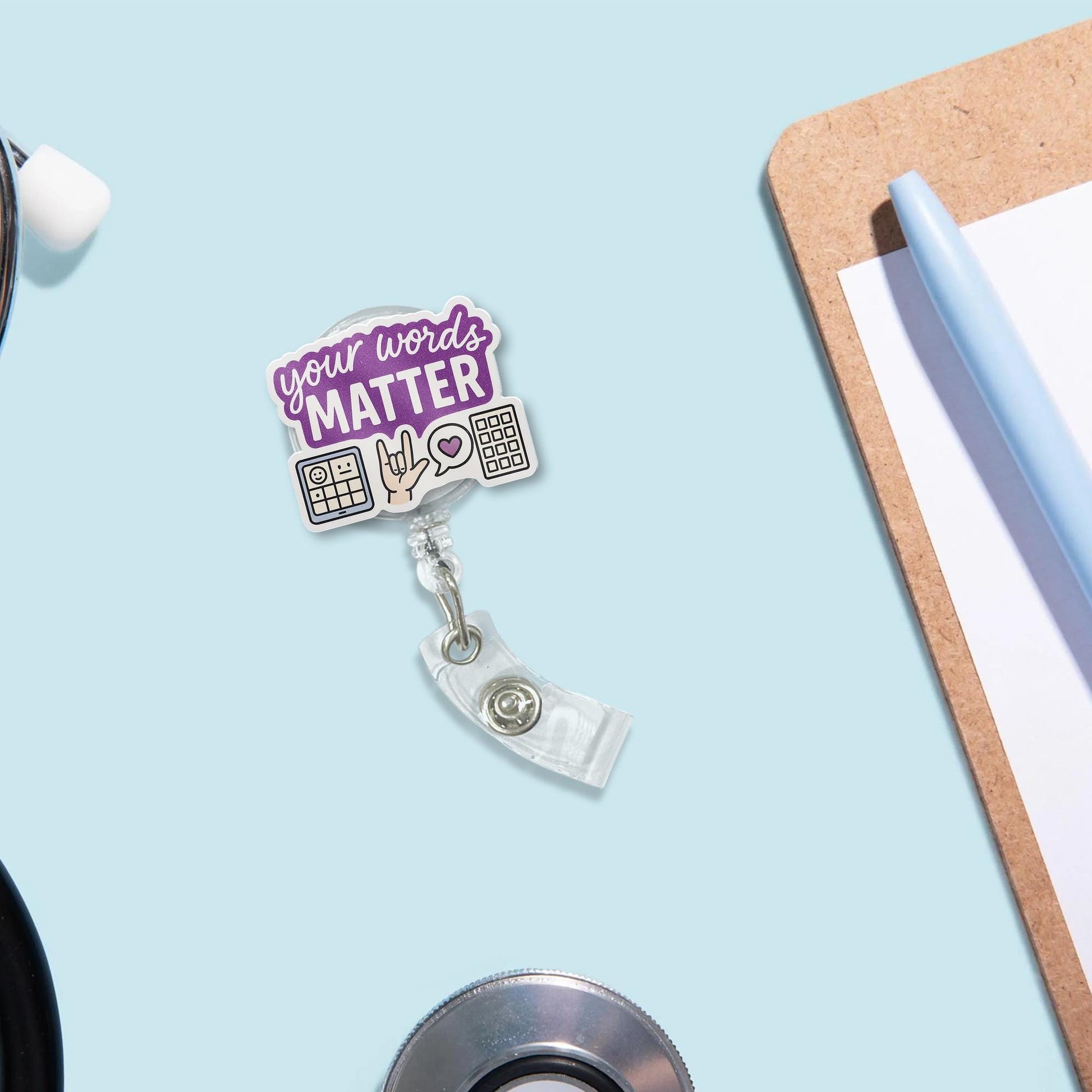 Your Words Matter Badge Reel, AAC Speech Therapy ID Holder, Cute Retractable Name Tag Clip, SLP Teacher Lanyard Accessory